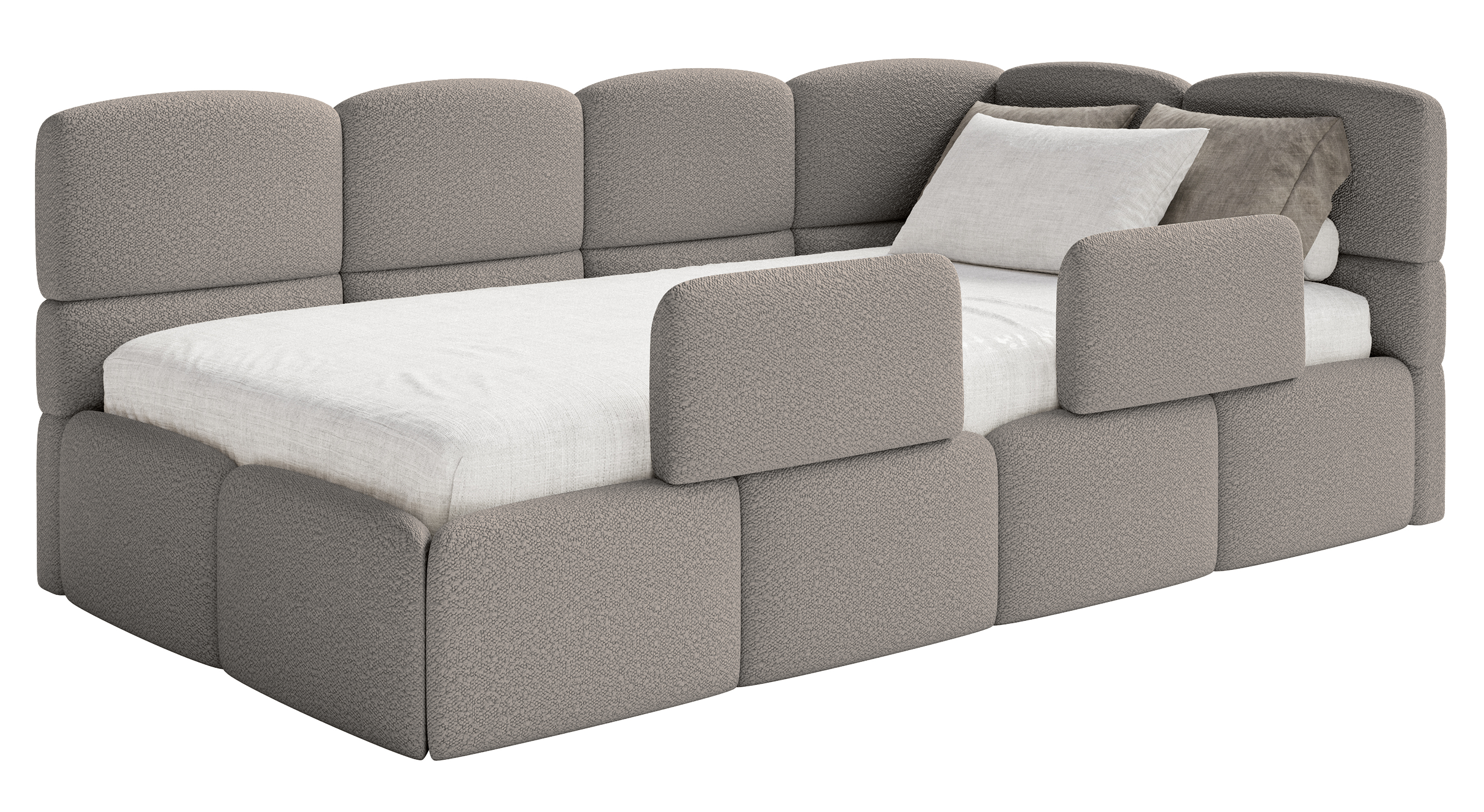 Jugendbett 90x200 cm Cloudy rechtsseitig mit Stauraum und grauen Bouclé-Gittern