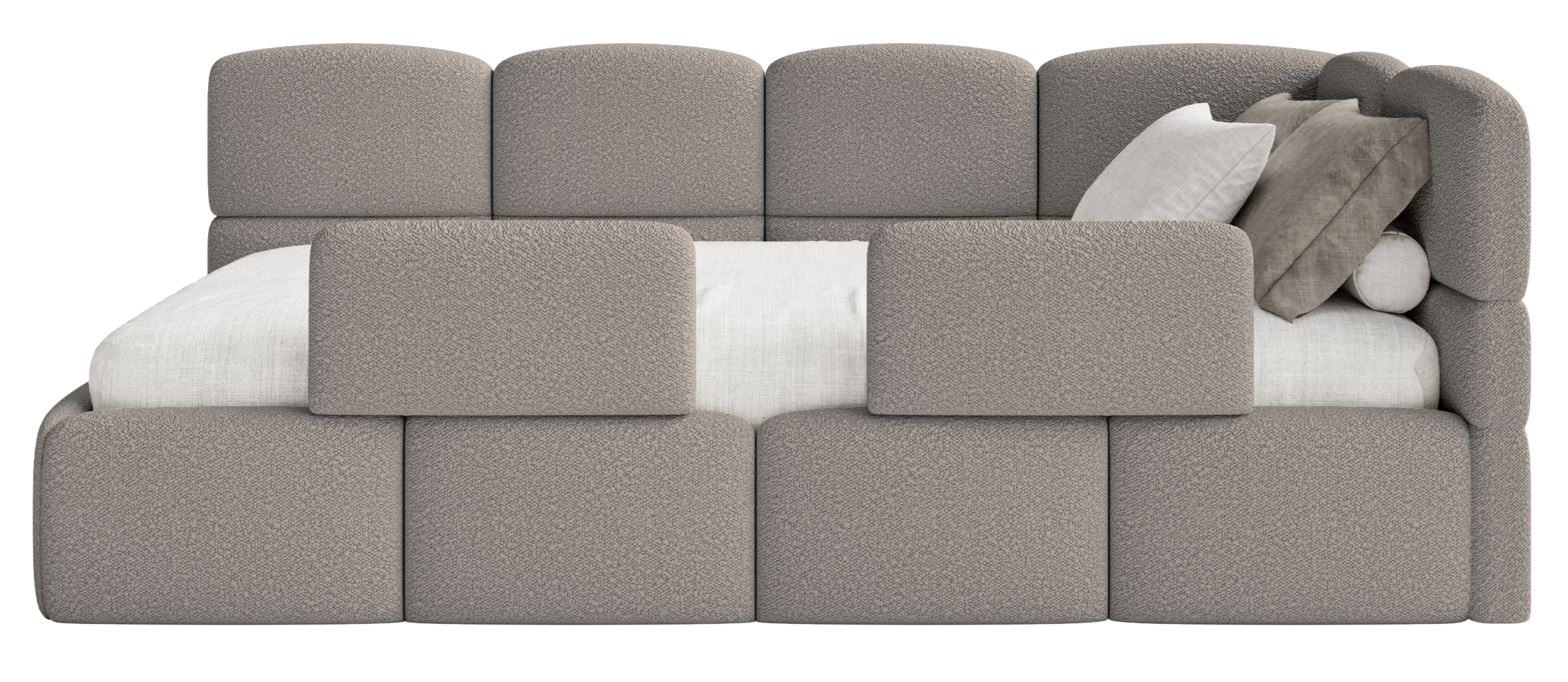 Jugendbett 90x200 cm Cloudy rechtsseitig mit Matratze und Stauraum, grauer Bouclé-Bezug