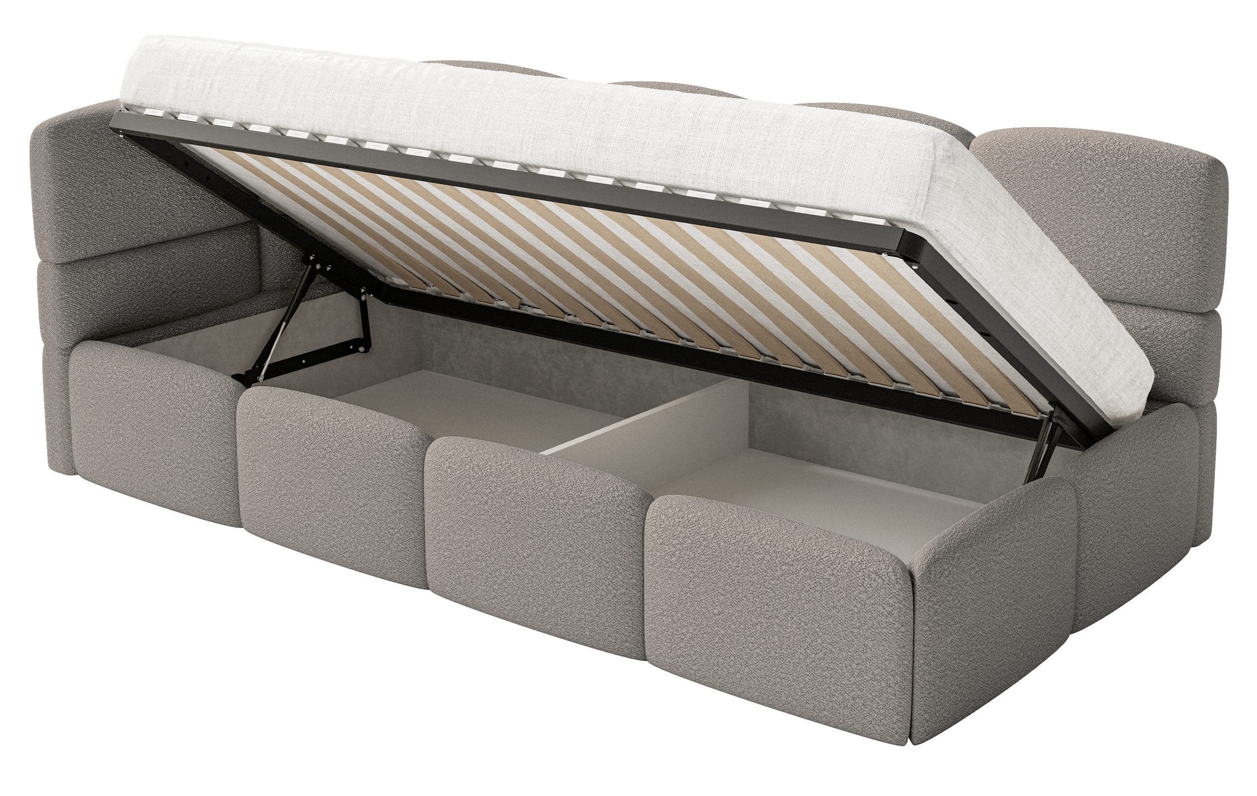 Jugendbett 90x200 cm Cloudy, linksseitig mit Stauraum, grauer Bouclé-Bezug