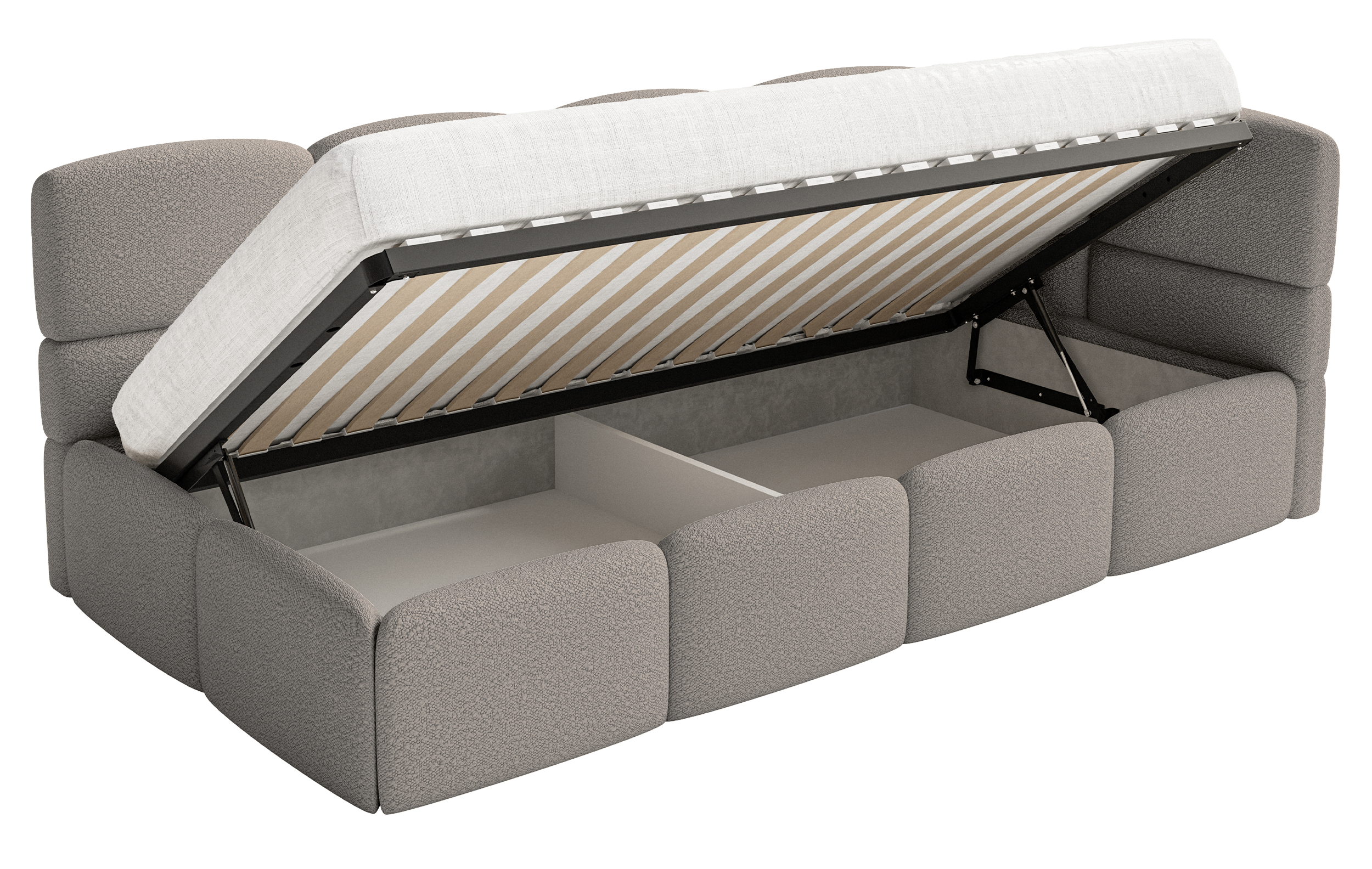 Jugendbett 90x200 cm Cloudy rechtsseitig mit Matratze und Stauraum, grauer Bouclé-Bezug