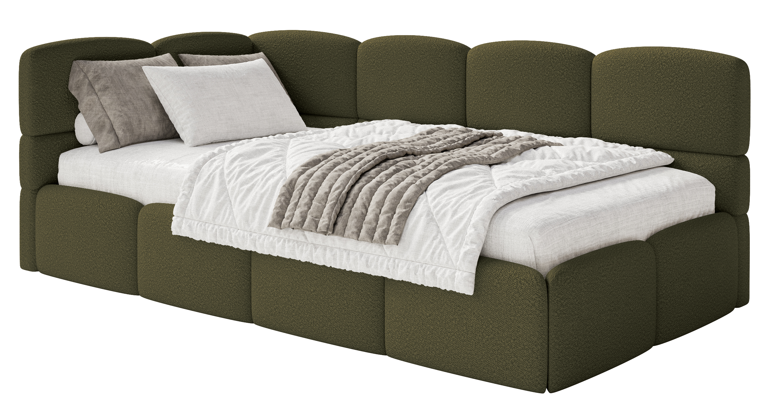 Jugendbett 90x200 cm Cloudy linksseitig mit Stauraum olivgrüner Bouclé-Bezug
