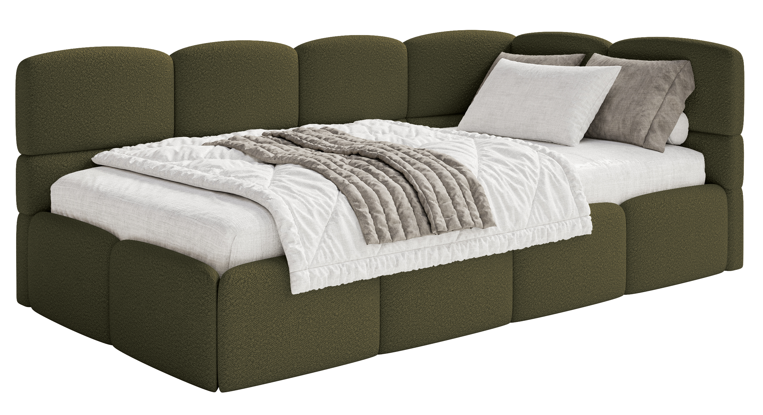 Jugendbett 90x200 cm Cloudy, rechtsseitig mit Stauraum und Olivgrünen Bouclé-Schutzgittern