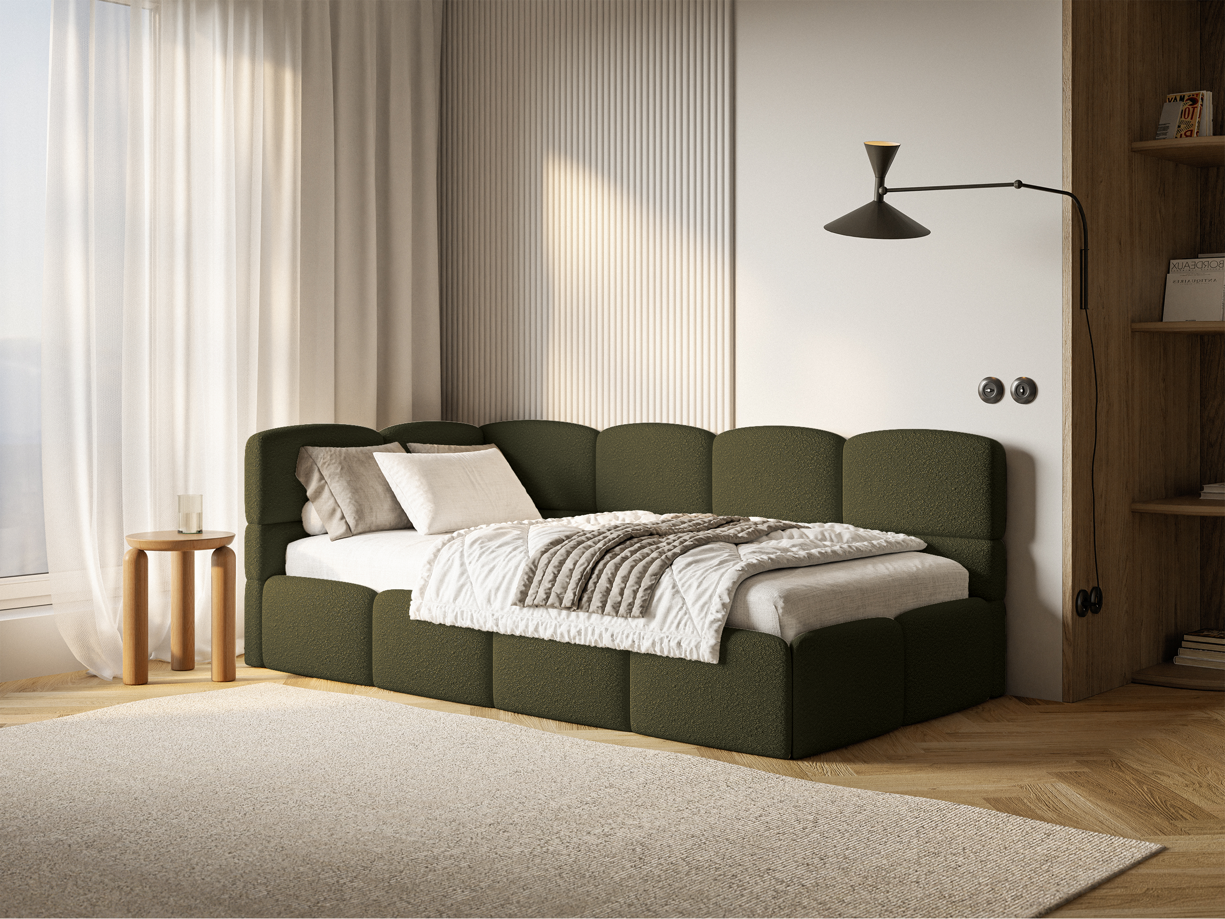 Jugendbett 90x200 cm Cloudy linksseitig mit Matratze, Stauraum und Geländern in olivgrünem Bouclé