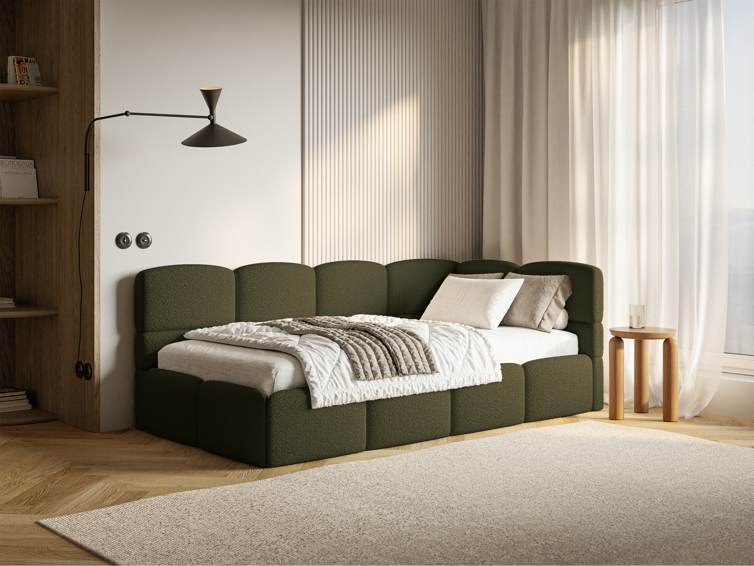 Jugendbett 90x200 cm Cloudy, rechtsseitig mit Stauraum und Olivgrünen Bouclé-Schutzgittern