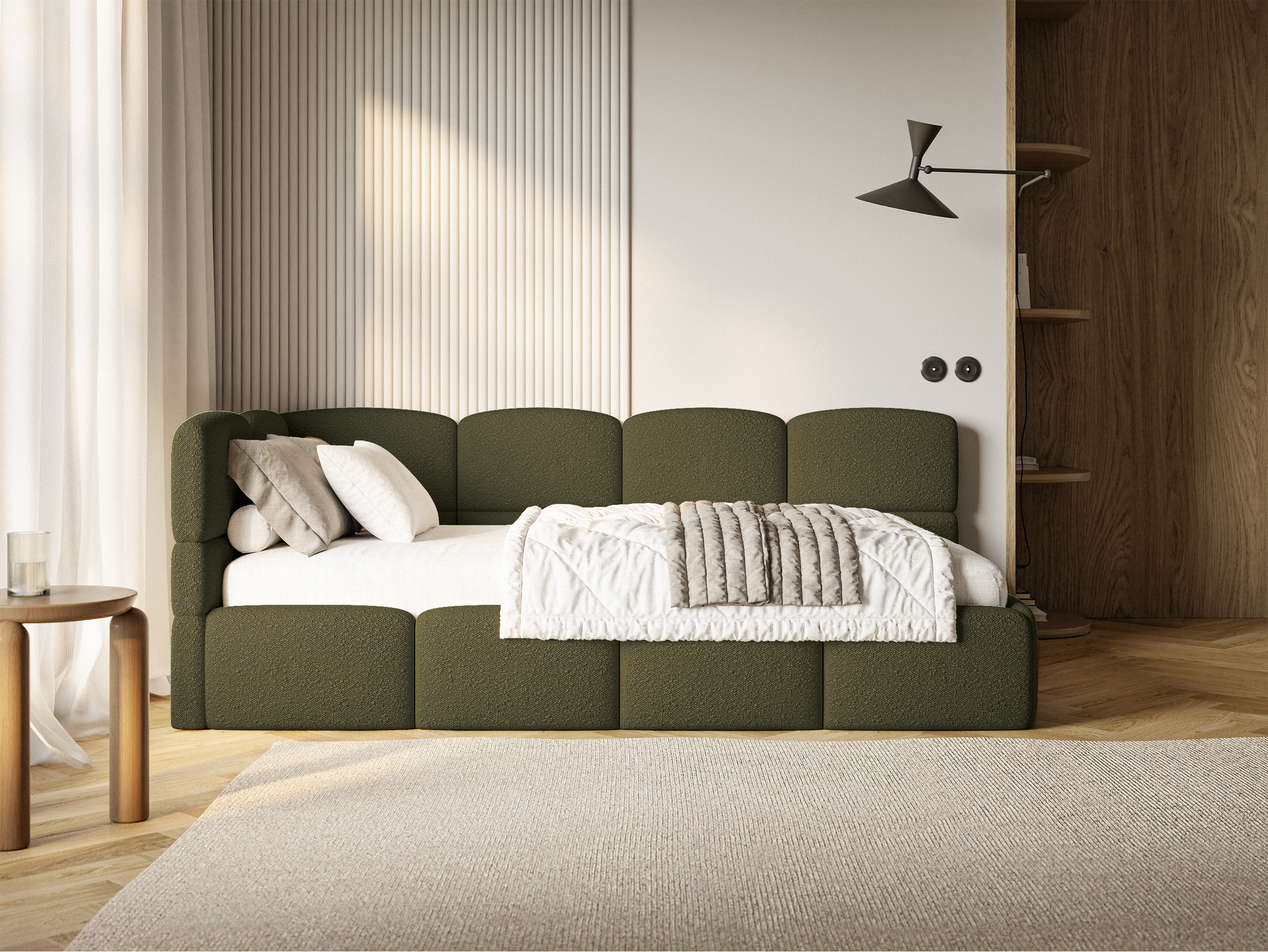 Jugendbett 90x200 cm Cloudy linksseitig mit Stauraum olivgrüner Bouclé-Bezug