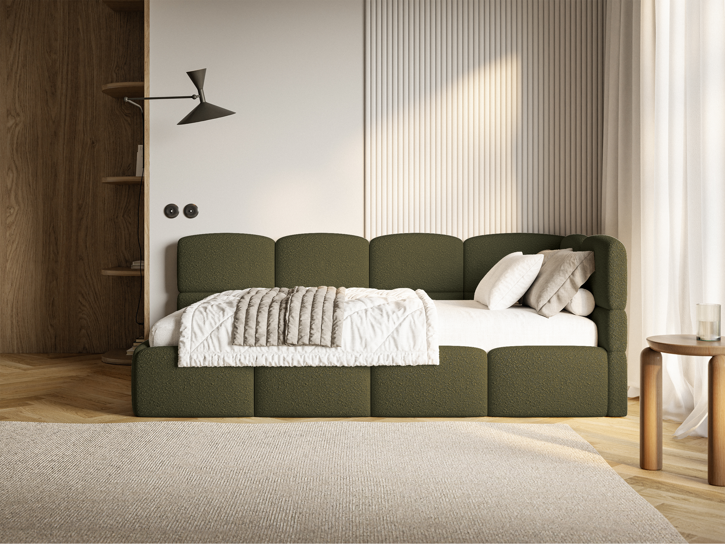 Jugendbett 90x200 cm Cloudy, rechtsseitig mit Stauraum und Olivgrünen Bouclé-Schutzgittern