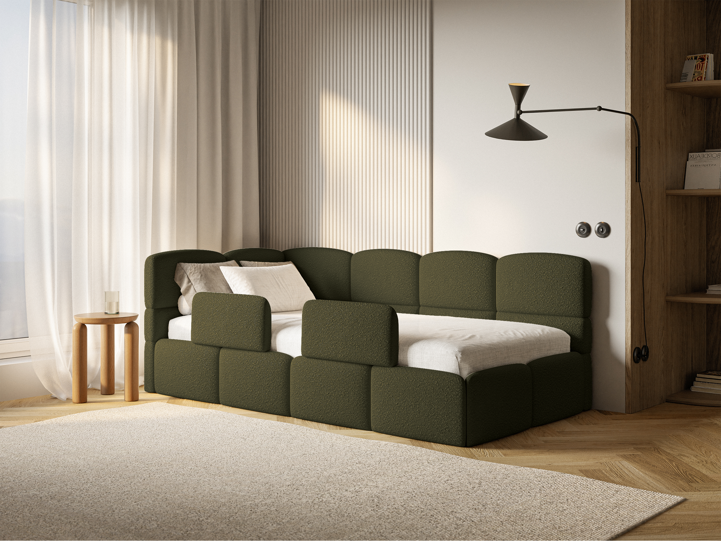 Jugendbett 90x200 cm Cloudy linksseitig mit Stauraum und Olivgrünen Bouclé-Gittern