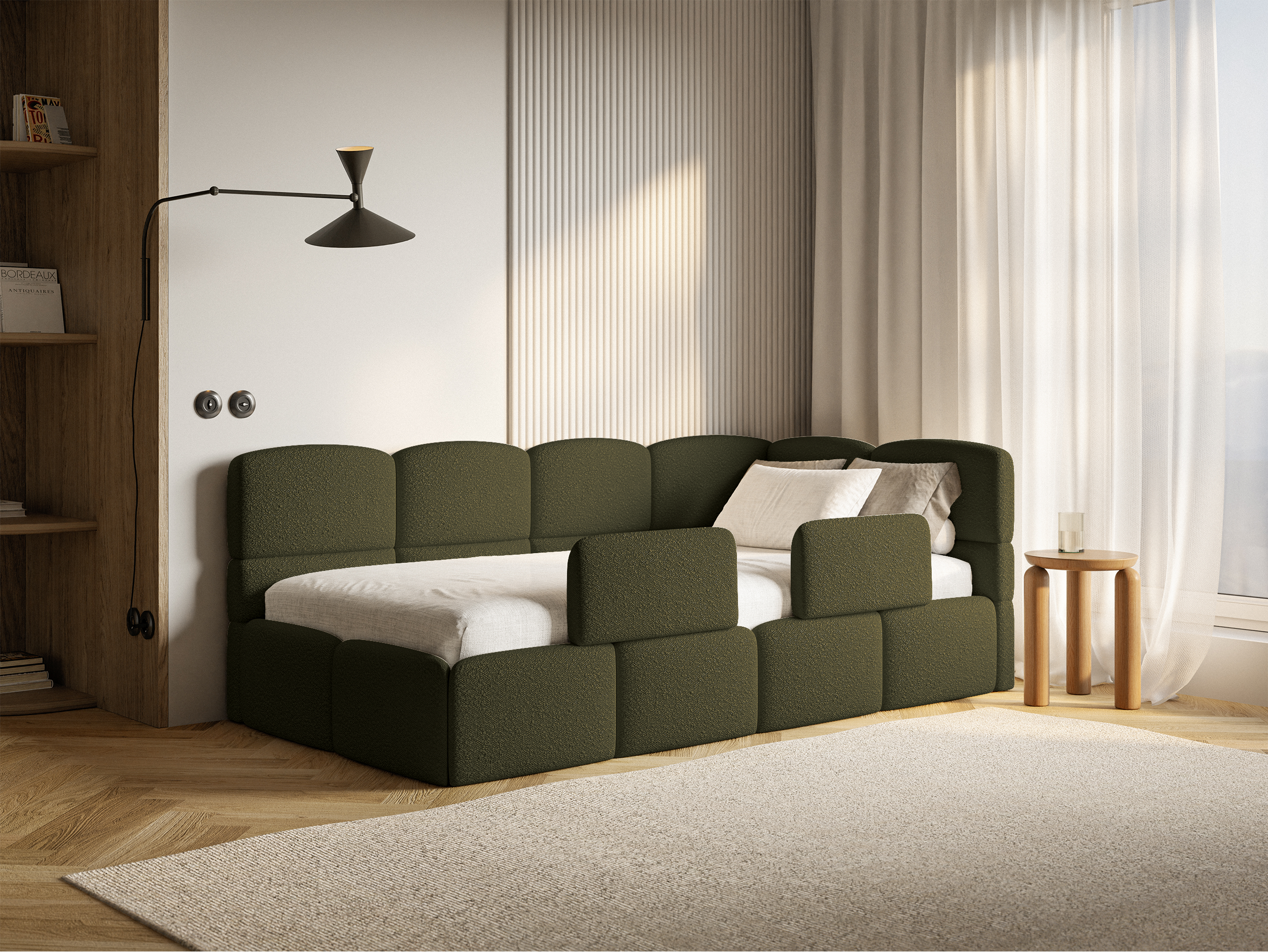 Jugendbett 90x200 cm Cloudy, rechtsseitig mit Stauraum und Olivgrünen Bouclé-Schutzgittern
