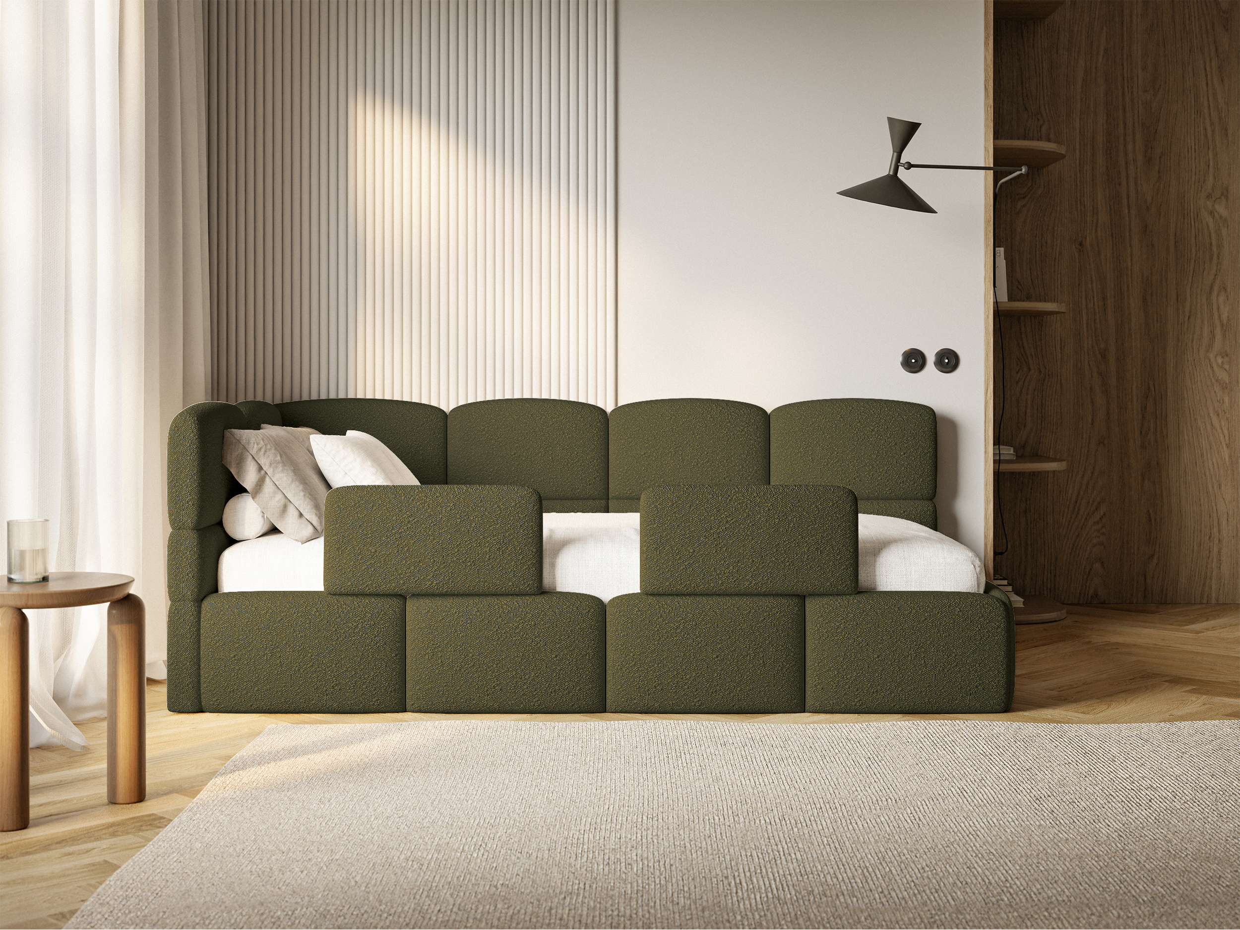 Jugendbett 90x200 cm Cloudy linksseitig mit Stauraum olivgrüner Bouclé-Bezug