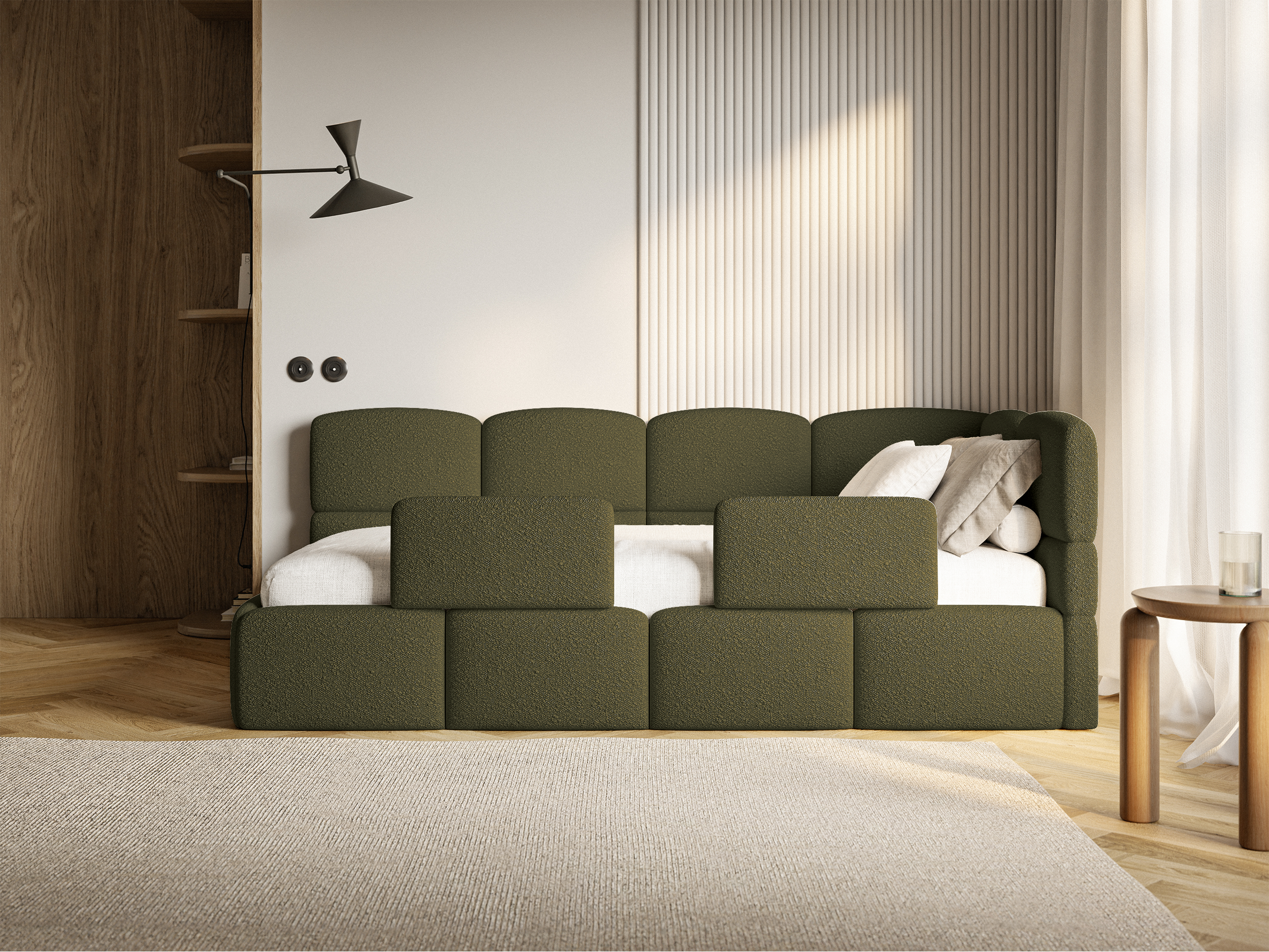 Jugendbett 90x200 cm Cloudy, rechtsseitig mit Stauraum, olivgrüner Bouclé-Bezug
