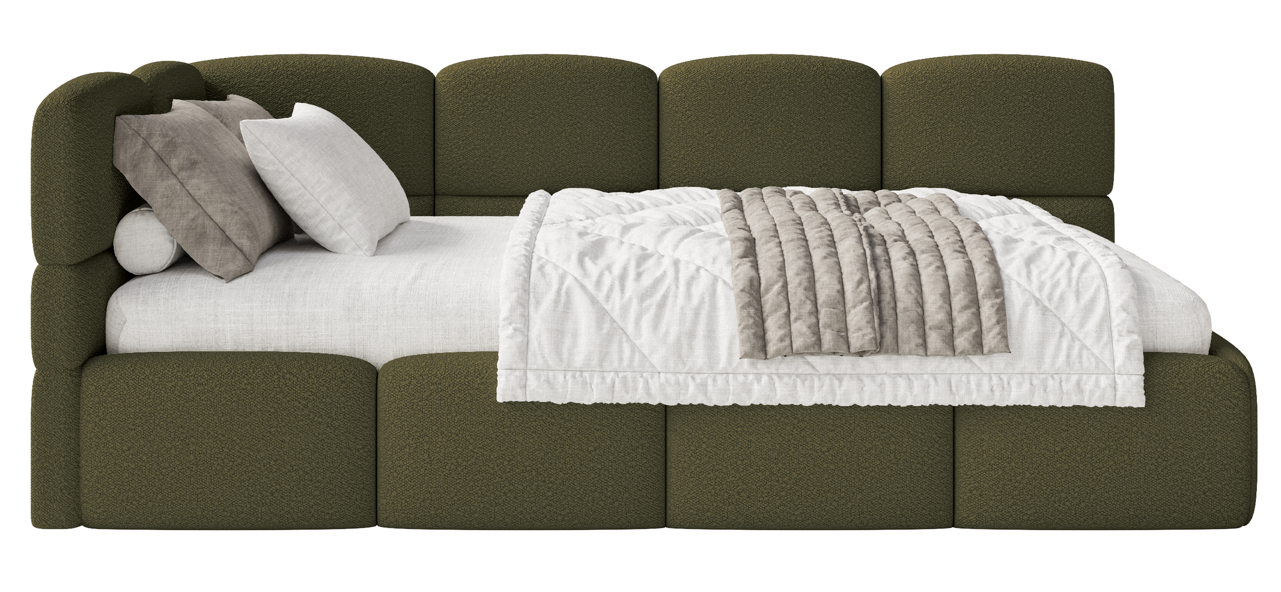 Jugendbett 90x200 cm Cloudy linksseitig mit Stauraum und Olivgrünen Bouclé-Gittern