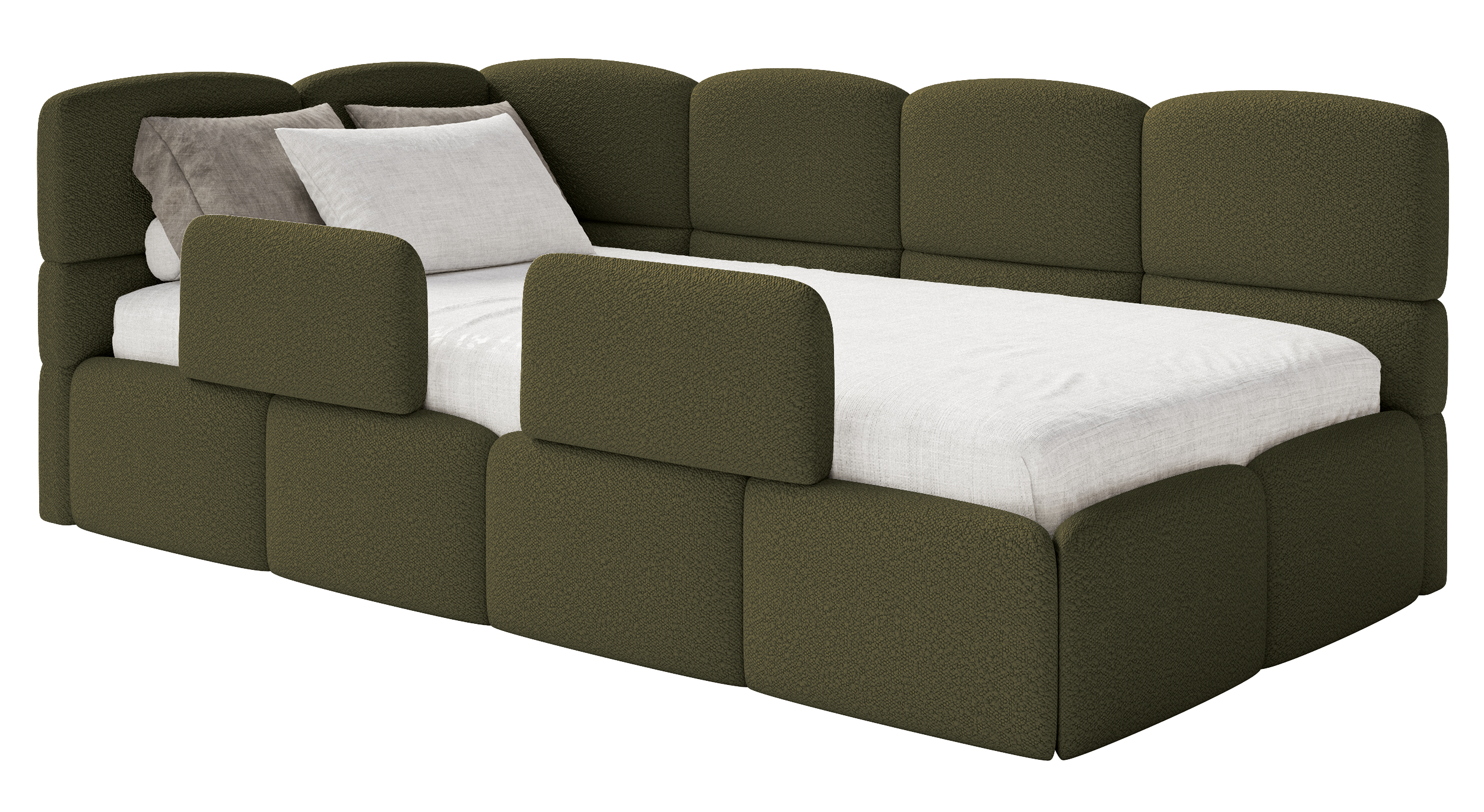 Jugendbett 90x200 cm Cloudy linksseitig mit Matratze, Stauraum und Geländern in olivgrünem Bouclé
