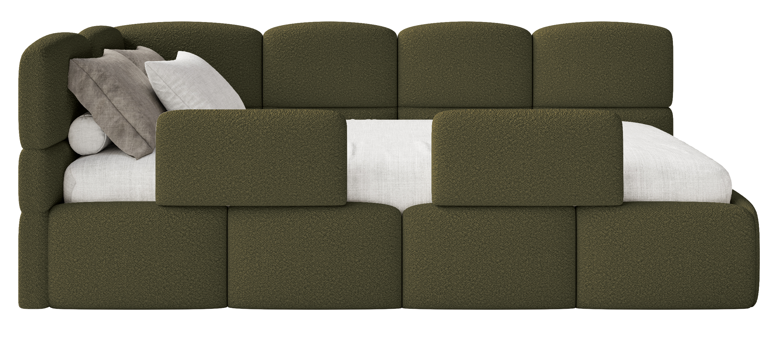 Jugendbett 90x200 cm Cloudy linksseitig mit Stauraum olivgrüner Bouclé-Bezug
