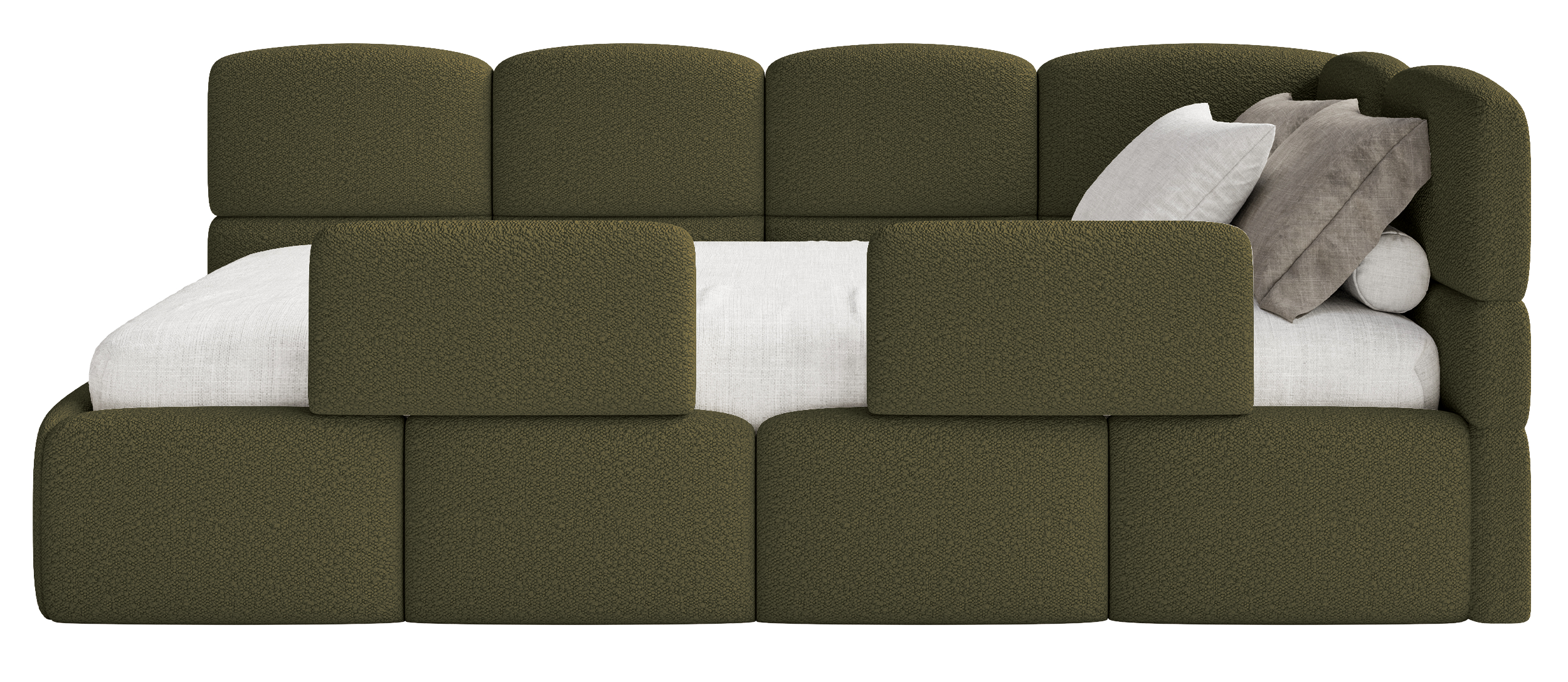 Jugendbett 90x200 cm Cloudy, rechtsseitig mit Stauraum, olivgrüner Bouclé-Bezug