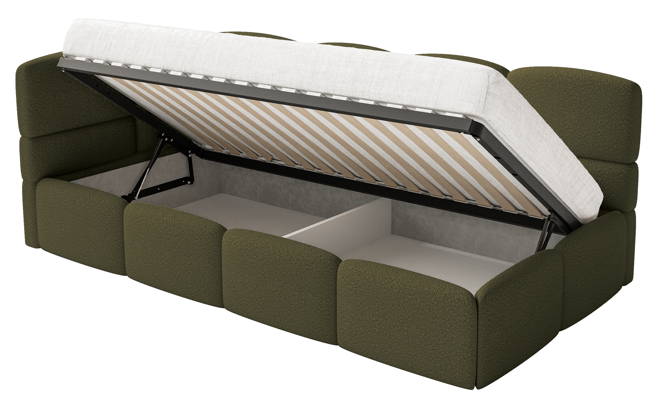 Jugendbett 90x200 cm Cloudy linksseitig mit Stauraum olivgrüner Bouclé-Bezug