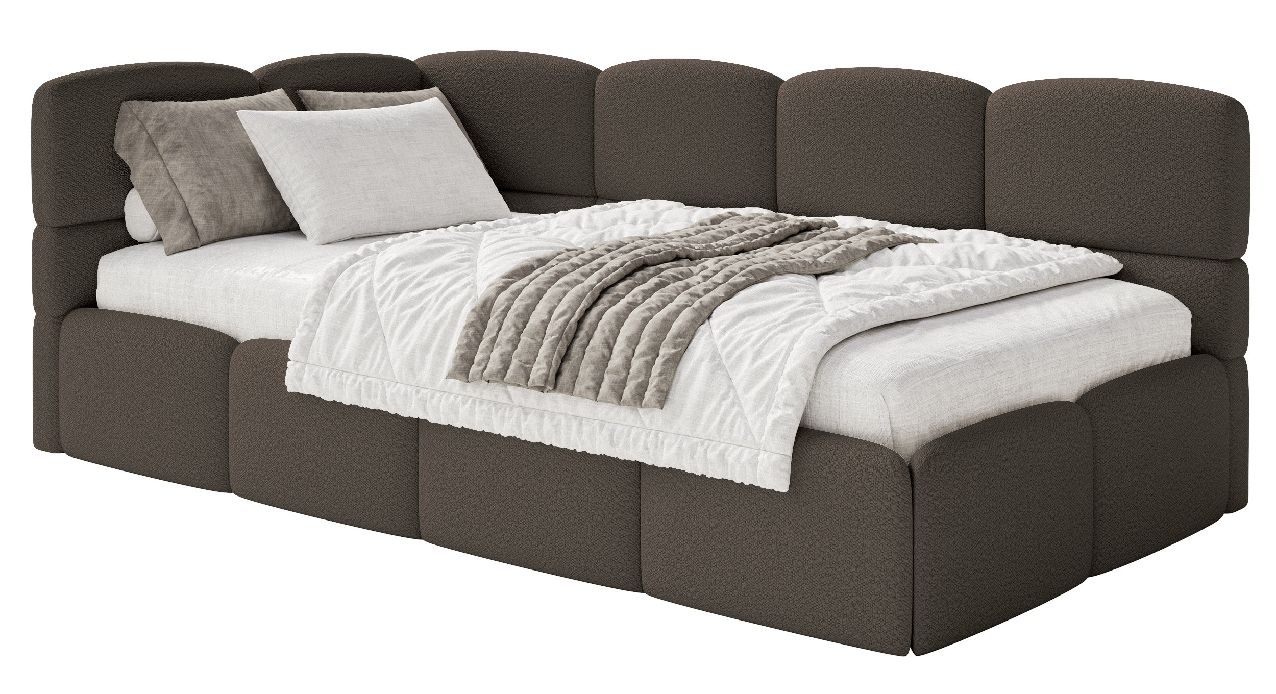 Jugendbett 90x200 cm Cloudy linksseitig mit Matratze und Stauraum braunes Bouclé