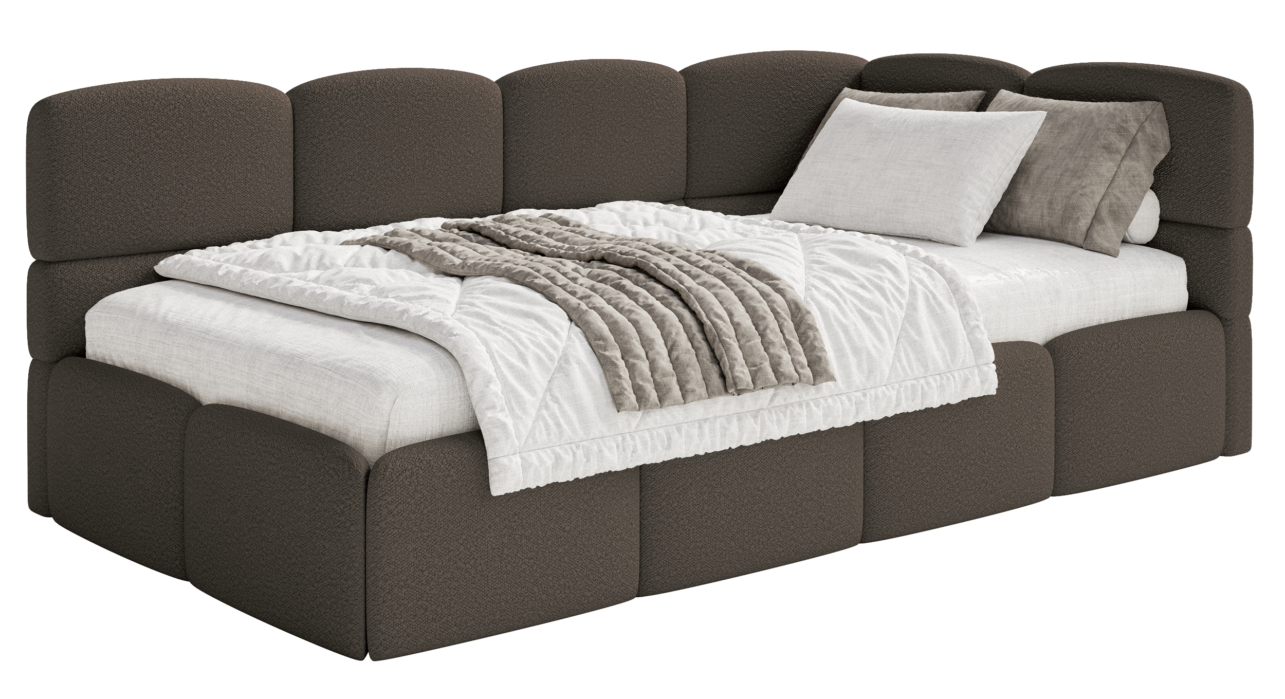 Jugendbett 90x200 cm Cloudy, rechtsseitig mit Stauraum, braunes Bouclé