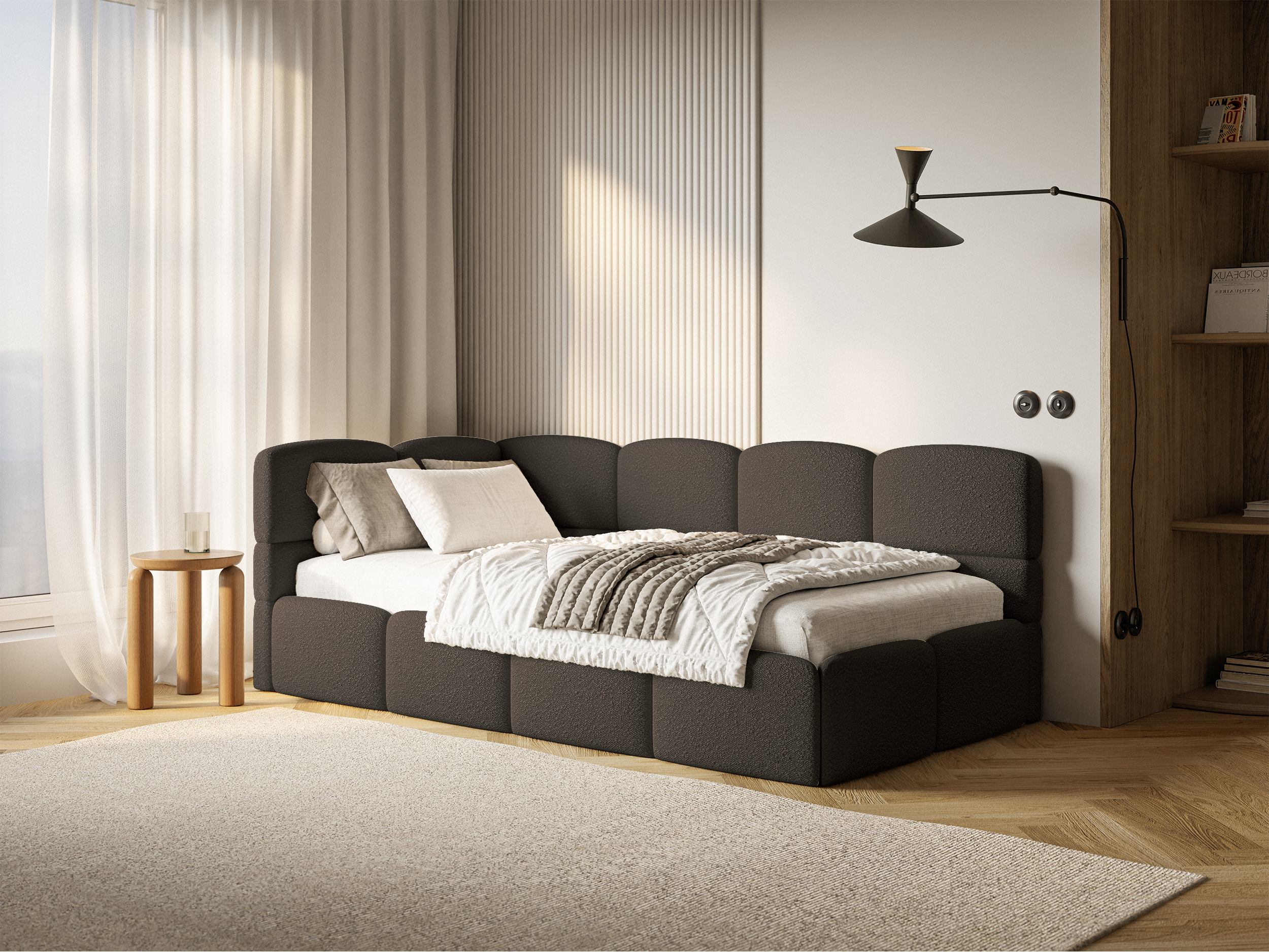 Jugendbett 90x200 cm Cloudy, linksseitig mit Stauraum und Geländern, braunes Bouclé
