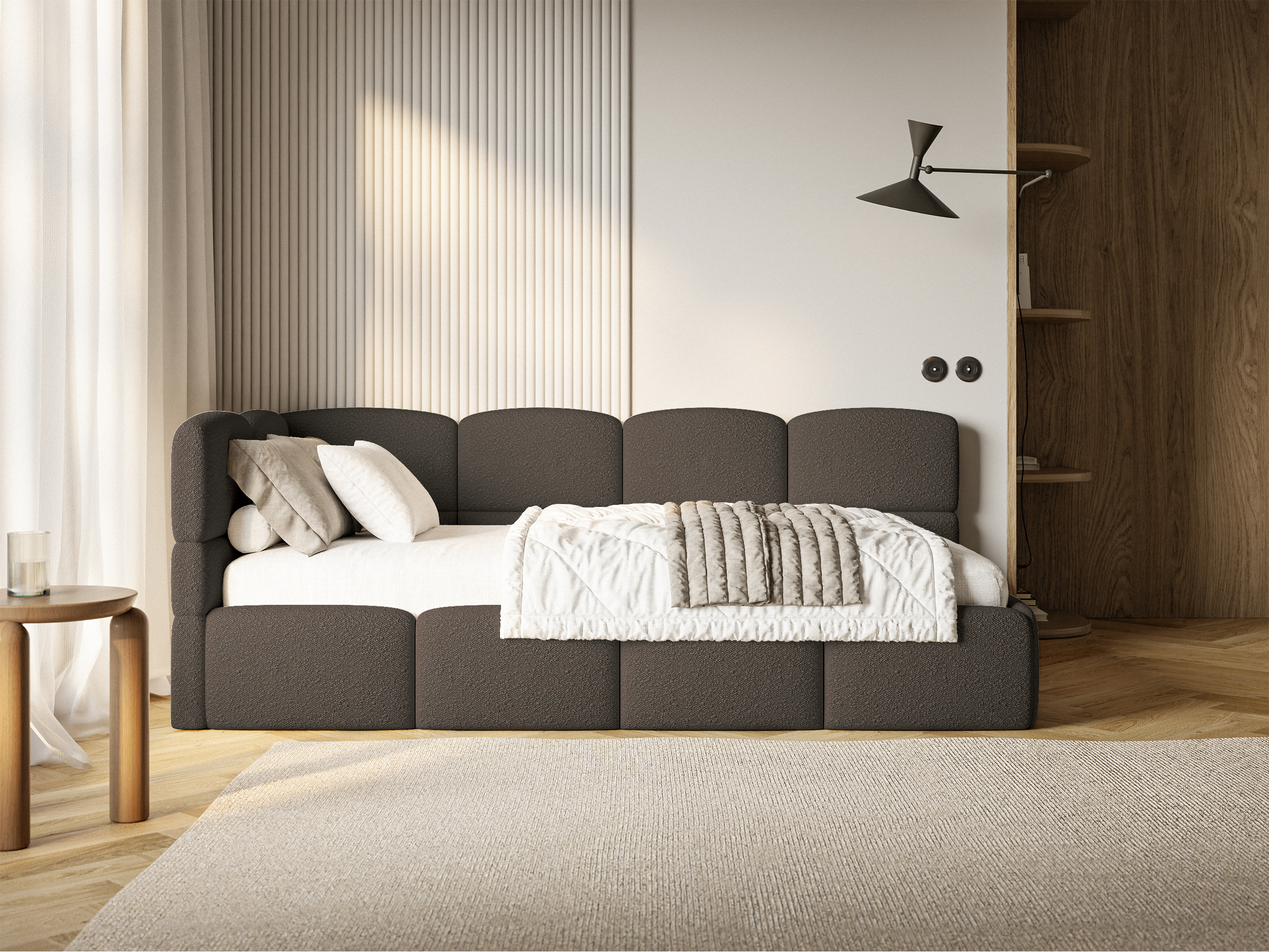 Jugendbett 90x200 cm Cloudy linksseitig mit Matratze und Stauraum braunes Bouclé