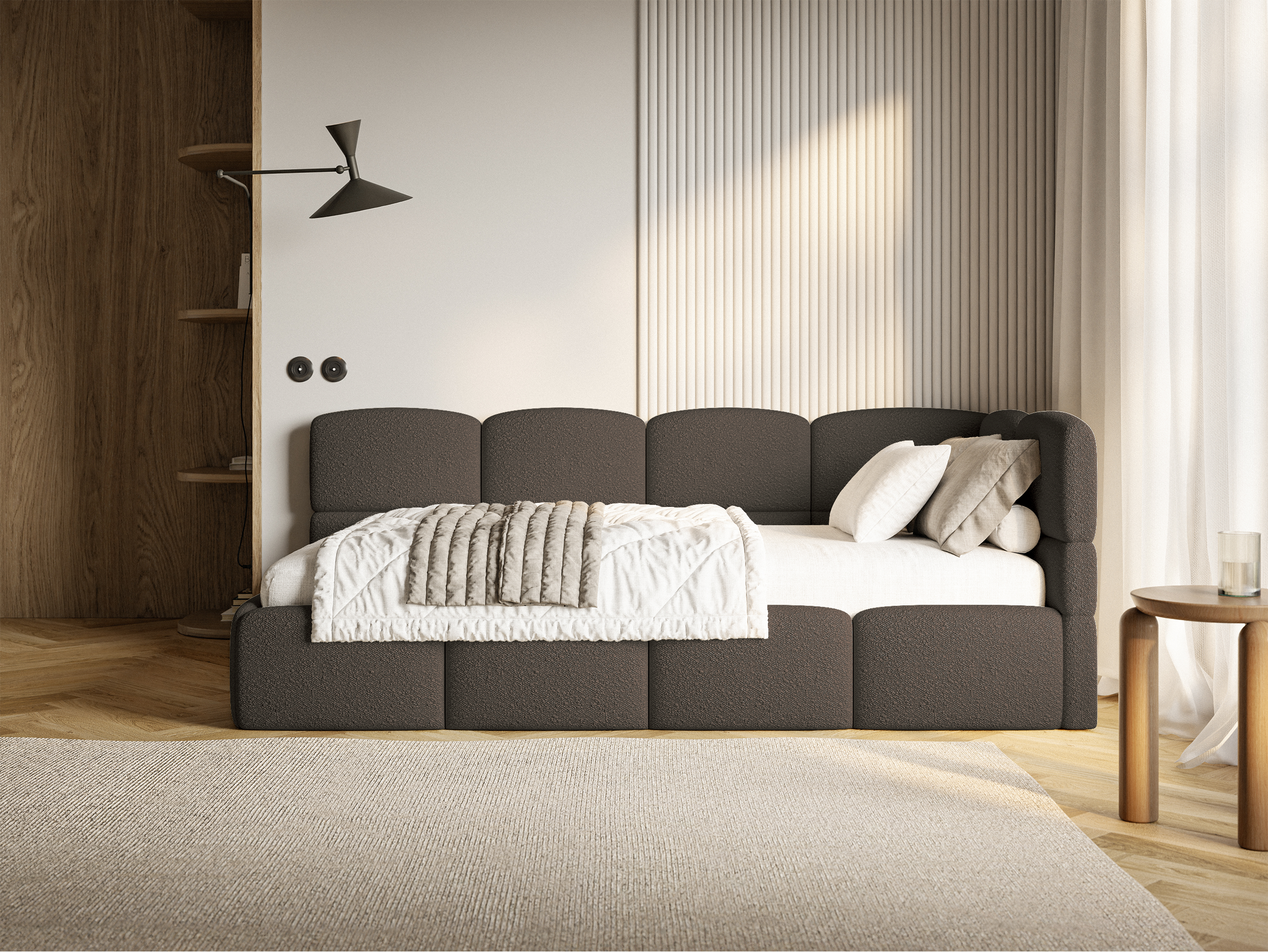 Jugendbett 90x200 cm Cloudy, rechtsseitig mit Stauraum, braunes Bouclé