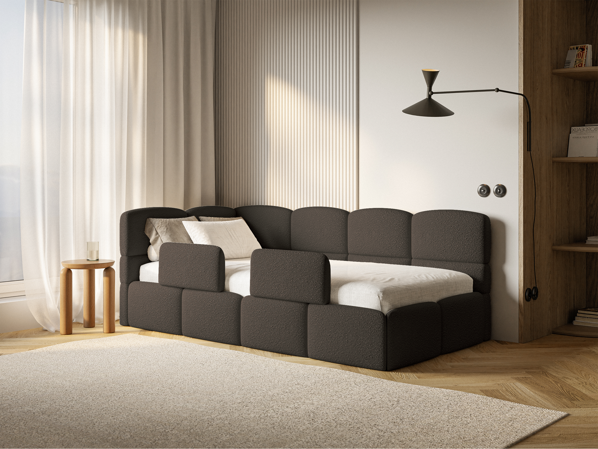 Jugendbett 90x200 cm Cloudy, linksseitig mit Stauraum und Geländern, braunes Bouclé