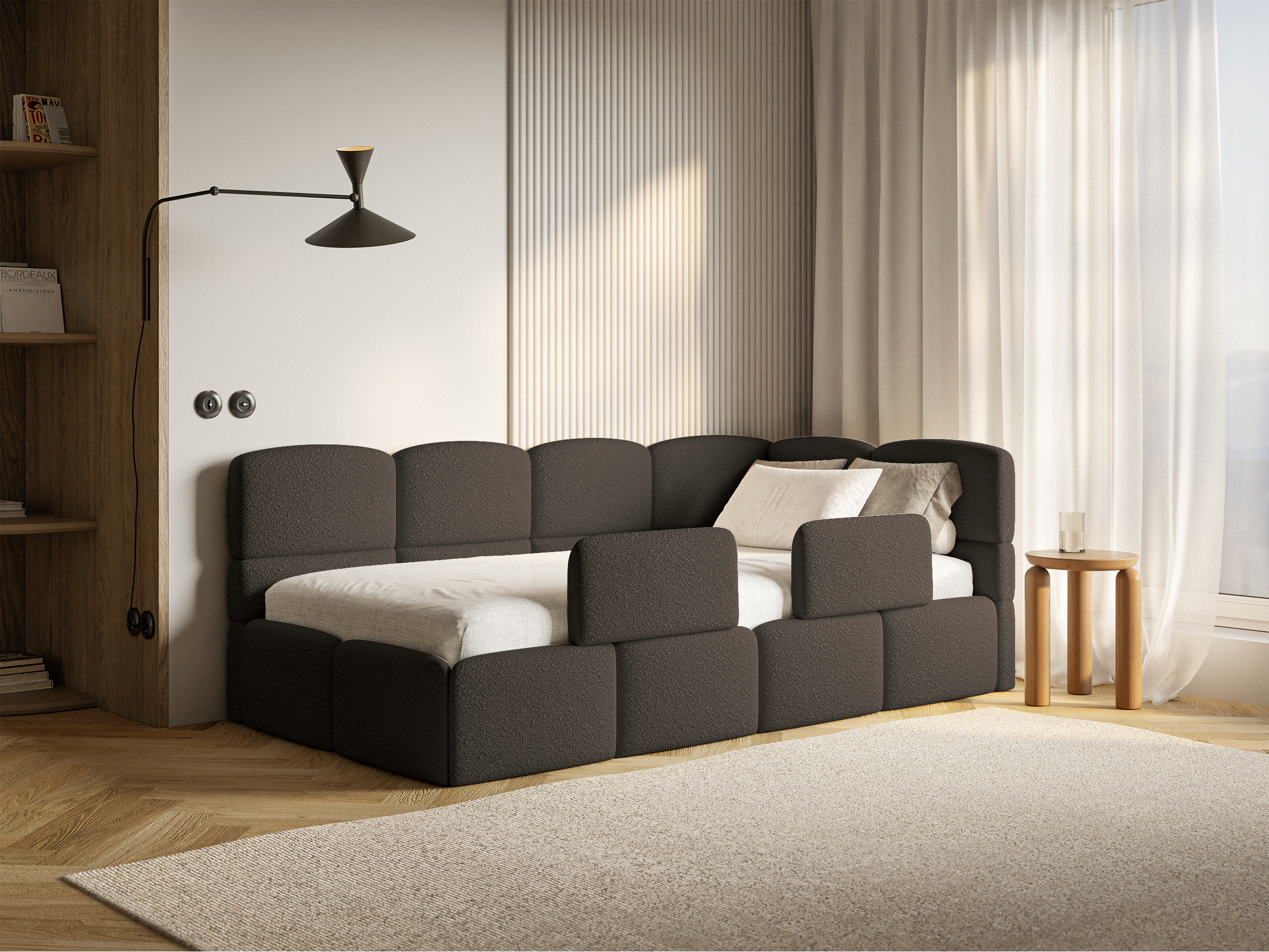 Jugendbett 90x200 cm Cloudy, rechtsseitig, mit Matratze, Stauraum und braunen Bouclé-Gittern