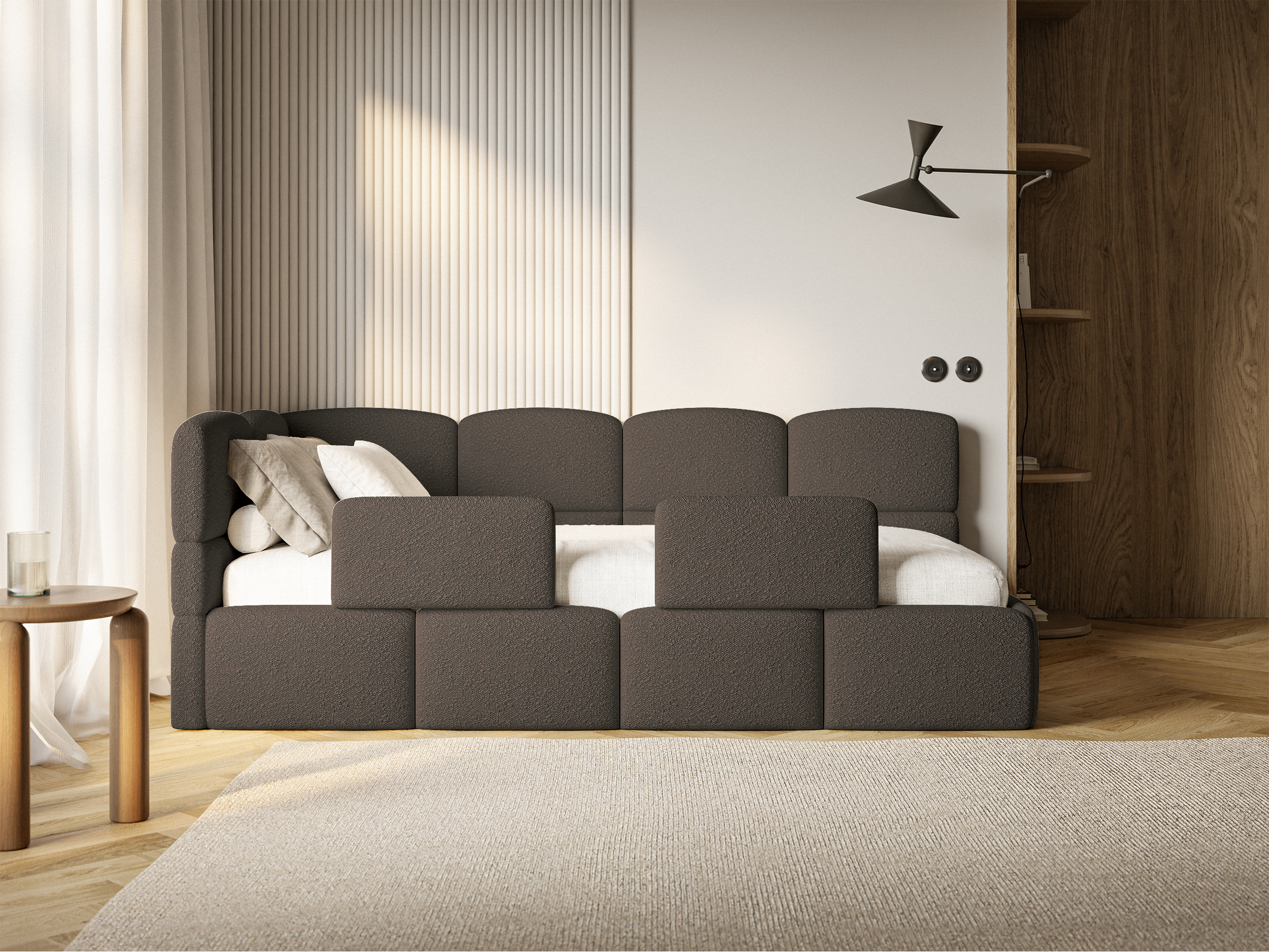Jugendbett 90x200 cm Cloudy linksseitig mit Matratze und Stauraum braunes Bouclé