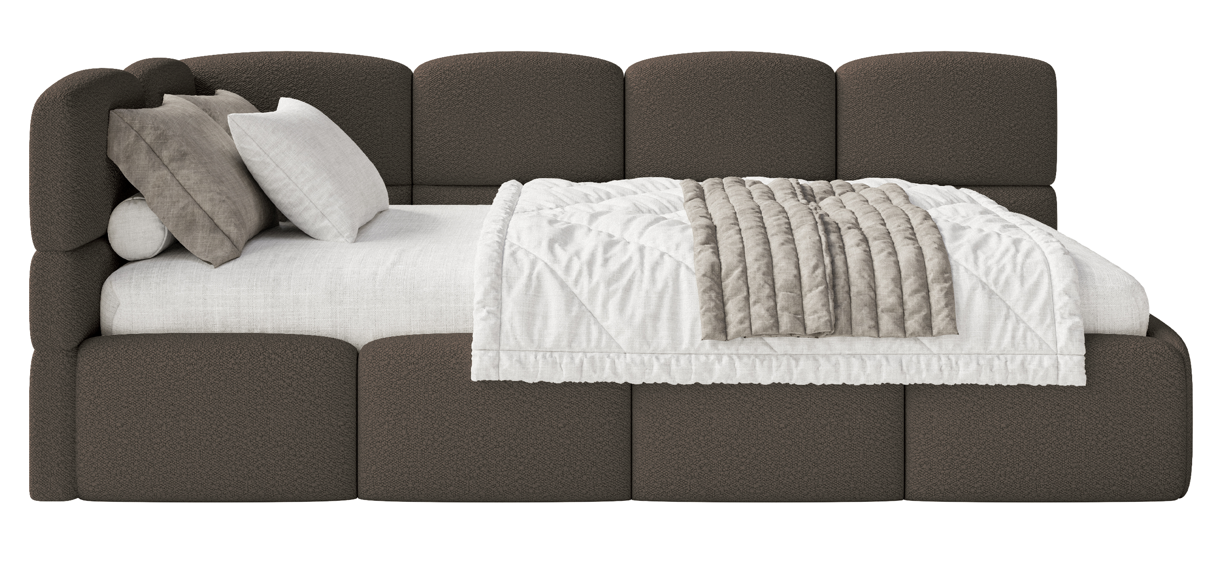 Jugendbett 90x200 cm Cloudy, linksseitig mit Stauraum und Geländern, braunes Bouclé