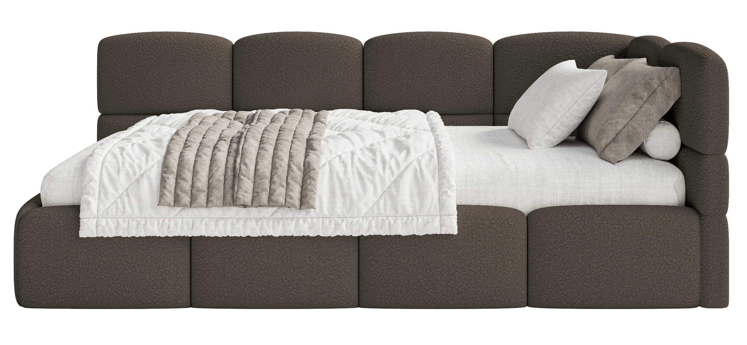 Jugendbett 90x200 cm Cloudy, rechtsseitig, mit Matratze, Stauraum und braunen Bouclé-Gittern