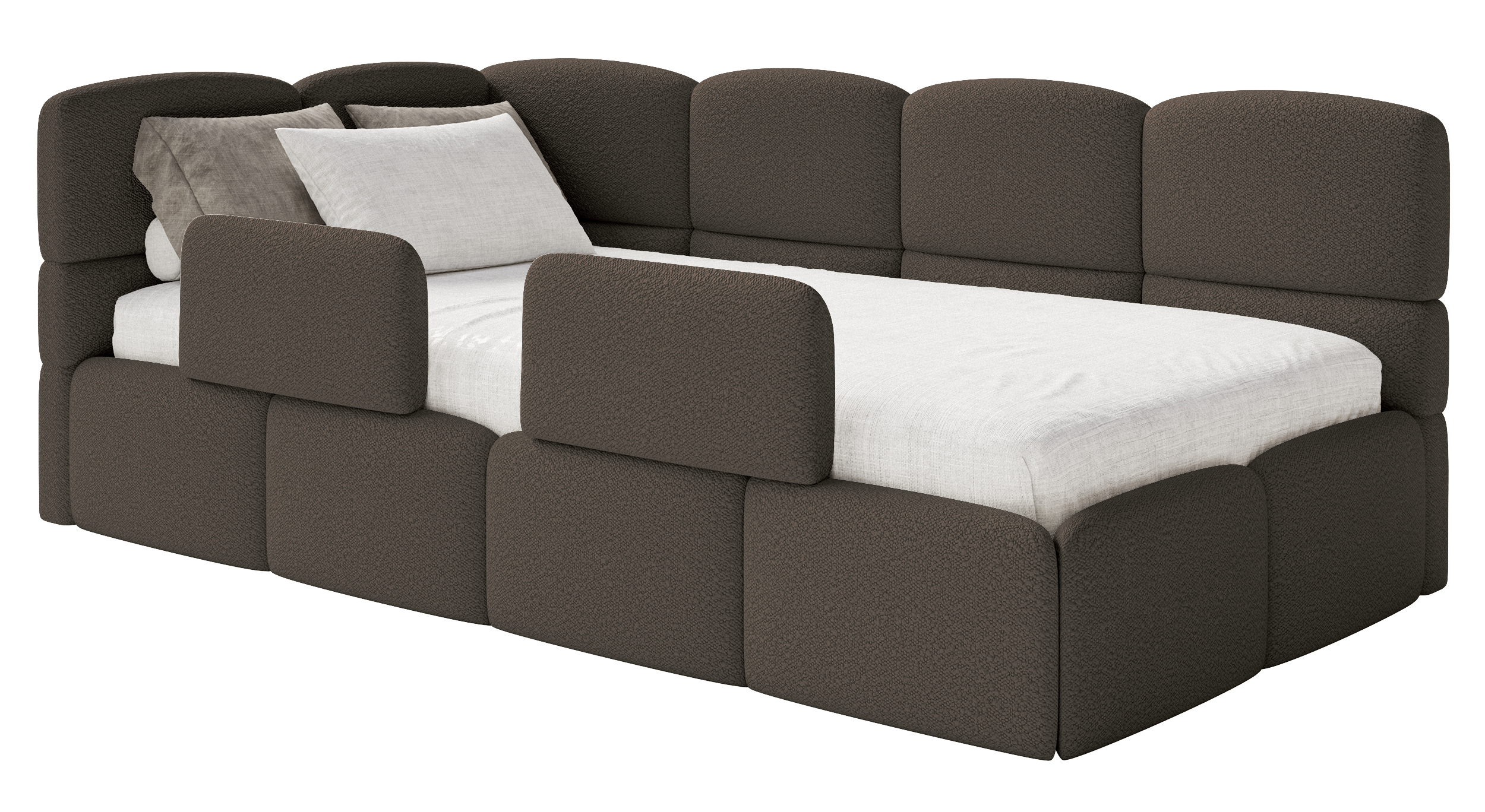 Jugendbett 90x200 cm Cloudy, linksseitig mit Stauraum und Geländern, braunes Bouclé