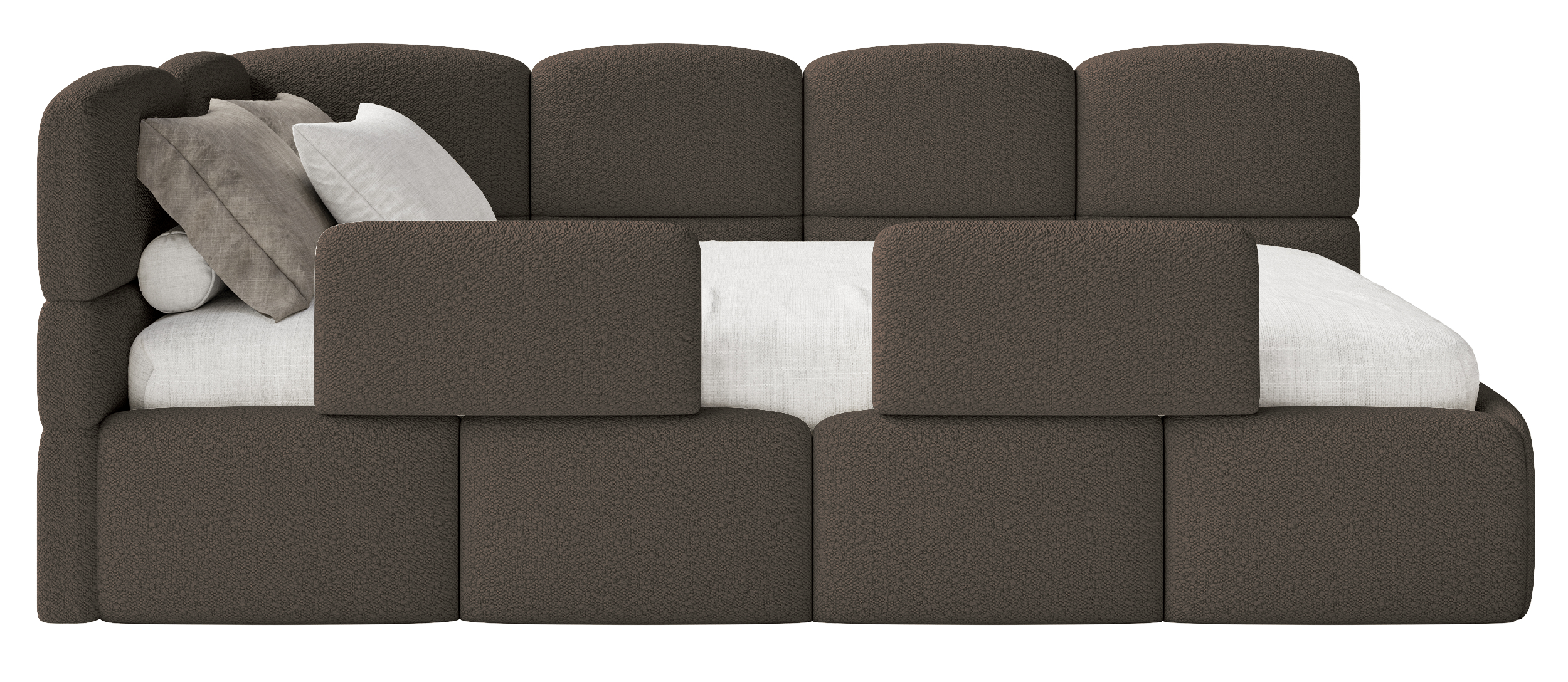 Jugendbett 90x200 cm Cloudy linksseitig mit Matratze und Stauraum braunes Bouclé