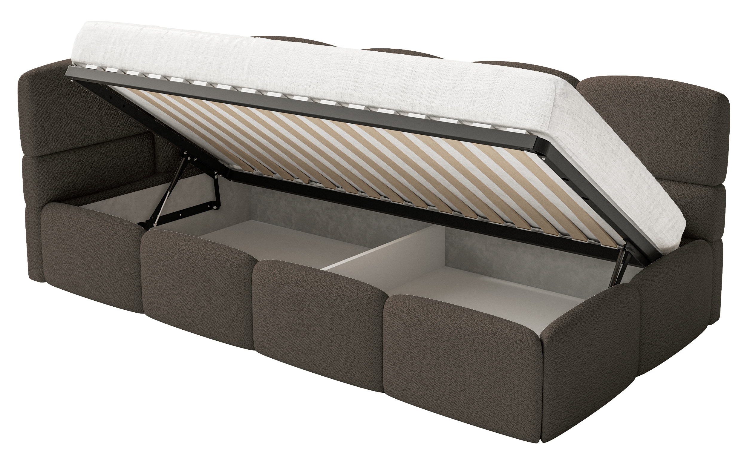 Jugendbett 90x200 cm Cloudy linksseitig mit Matratze und Stauraum braunes Bouclé