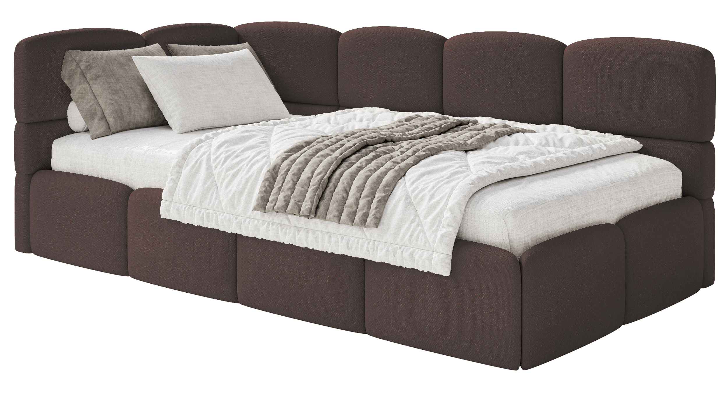 Jugendbett 90x200 cm Cloudy, linke Seite, mit Matratze und Stauraum, braunes Chenille