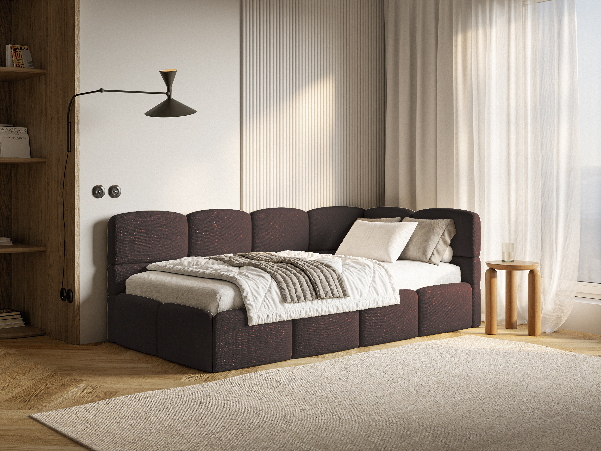 Jugendbett 90x200 cm Cloudy, rechtsseitig mit Stauraum und braunen Chenille-Gittern