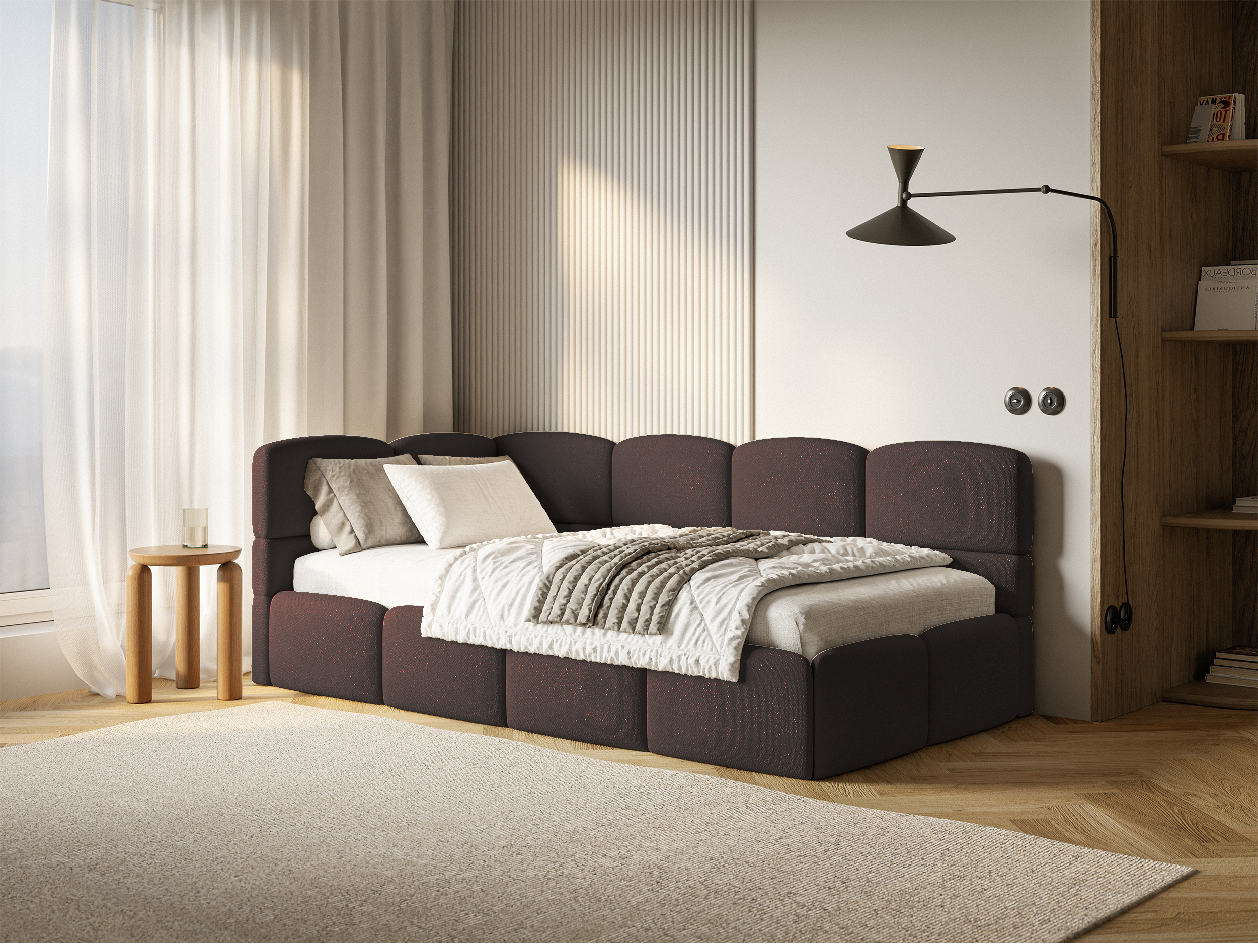 Jugendbett 90x200 cm Cloudy, linksseitig, mit Stauraum und Seitenschutz, brauner Chenille-Bezug