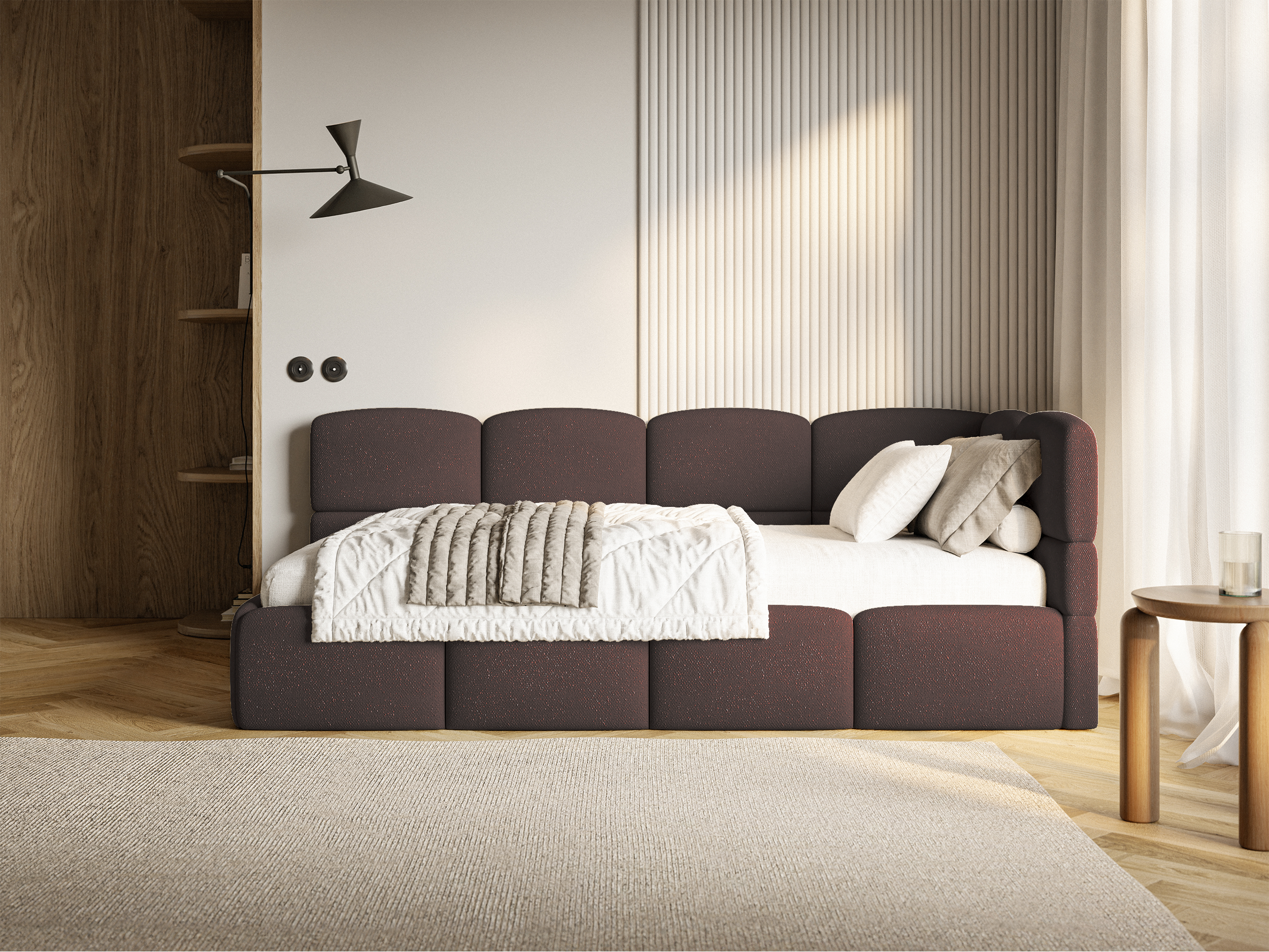 Jugendbett 90x200 cm Cloudy, rechtsseitig mit Stauraum und braunen Chenille-Gittern
