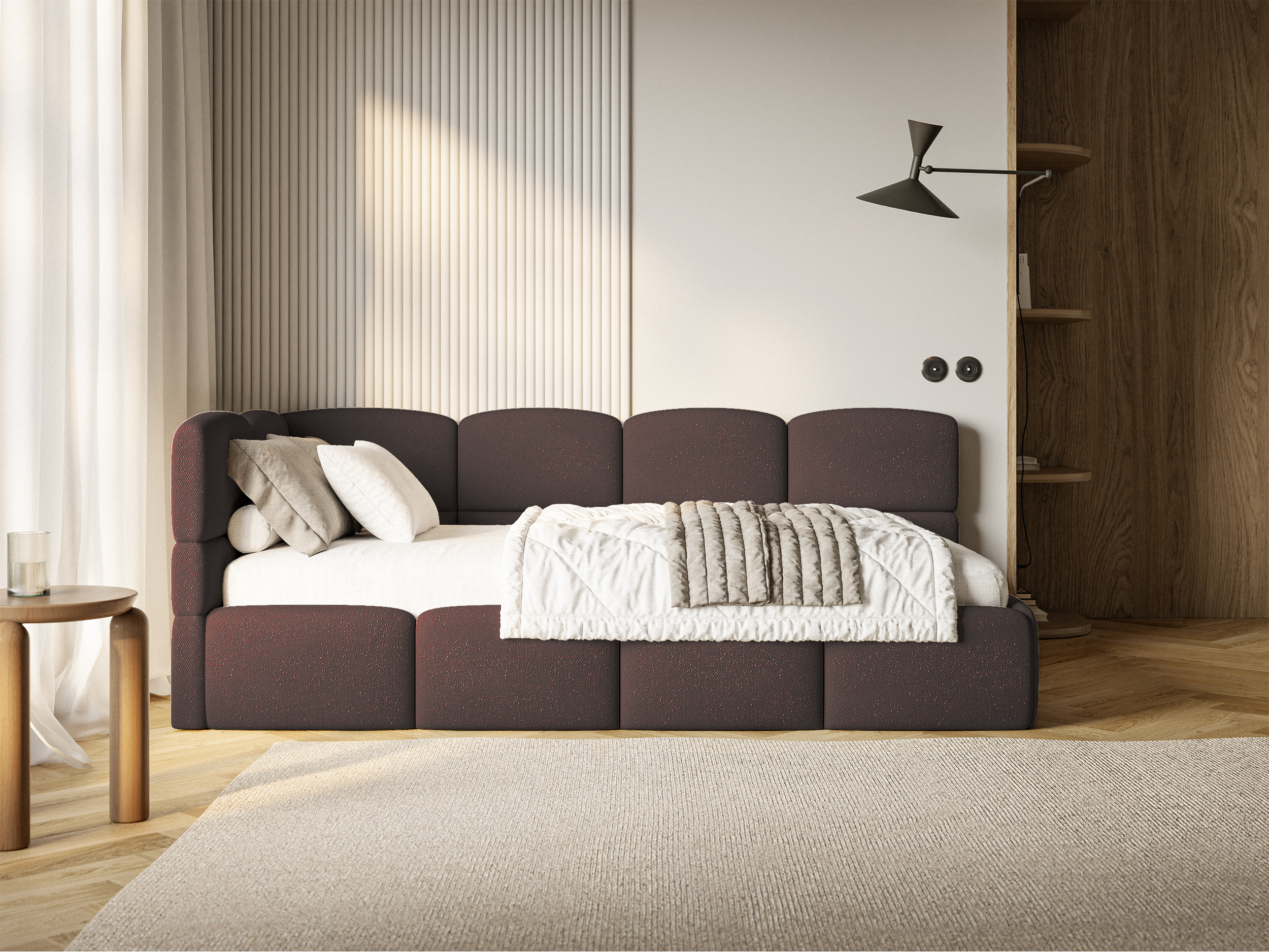Jugendbett 90x200 cm Cloudy, linke Seite, mit Matratze und Stauraum, braunes Chenille