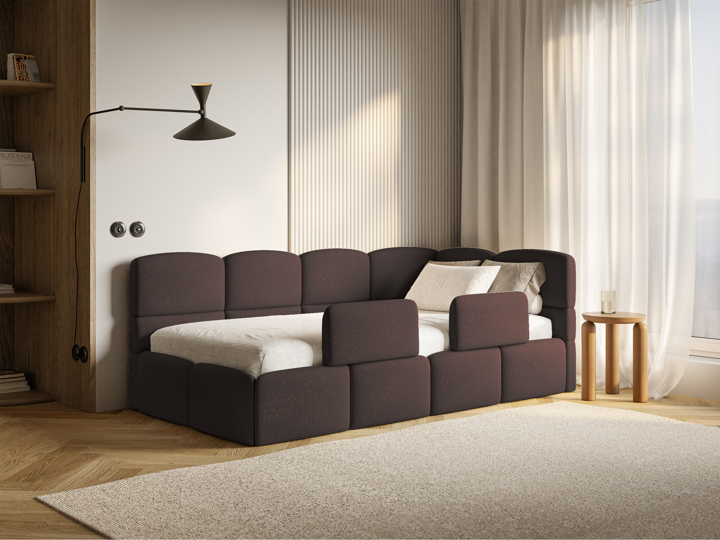Jugendbett 90x200 cm Cloudy, rechtsseitig mit Stauraum und braunen Chenille-Gittern