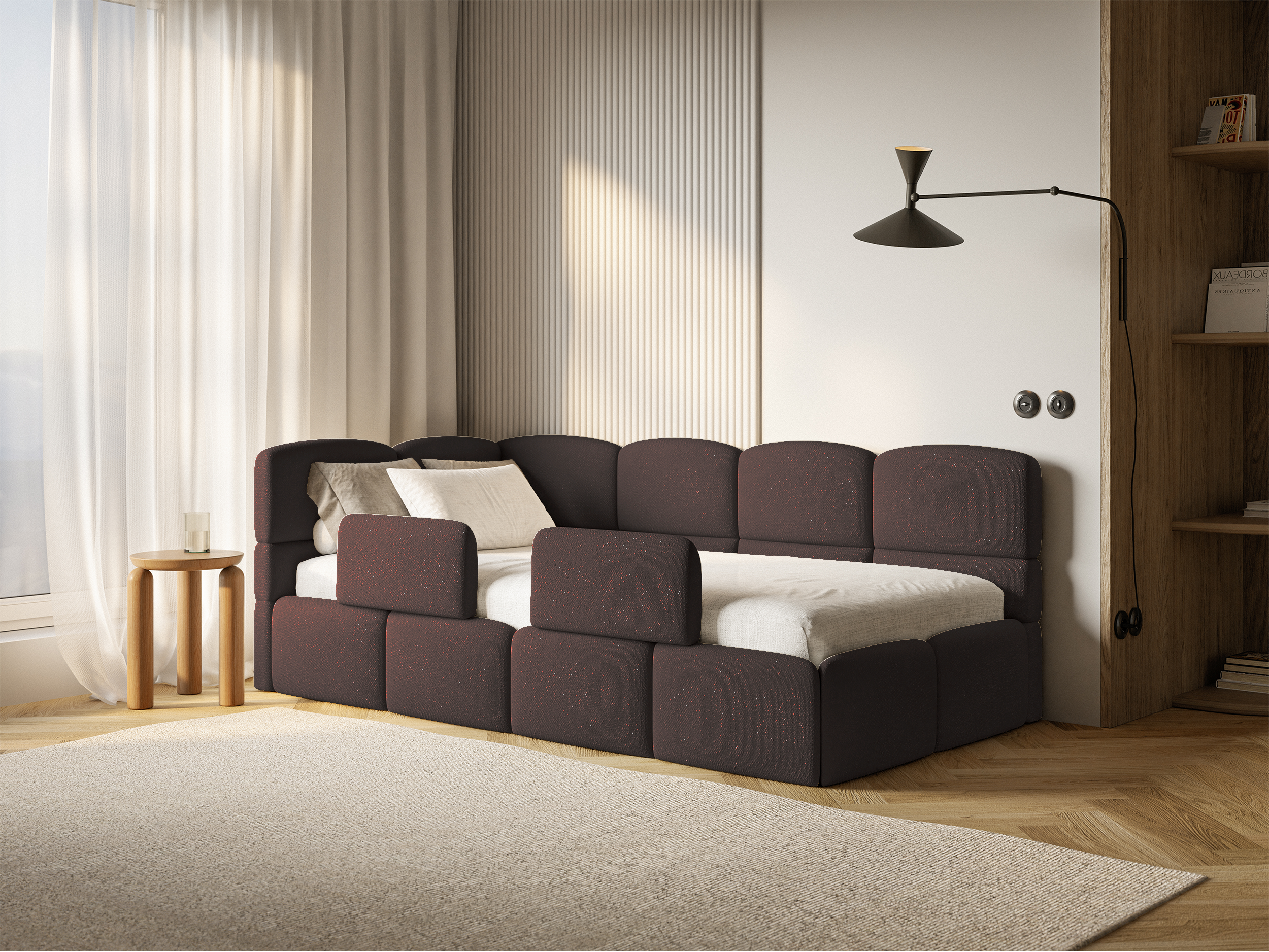 Jugendbett 90x200 cm Cloudy, linksseitig, mit Stauraum und Seitenschutz, brauner Chenille-Bezug