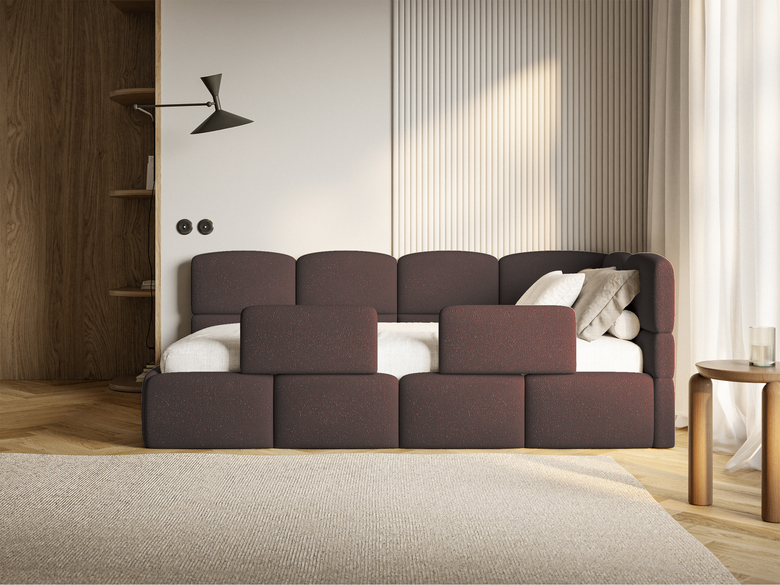 Jugendbett 90x200 cm Cloudy, rechtsseitig mit Stauraum und braunen Chenille-Gittern
