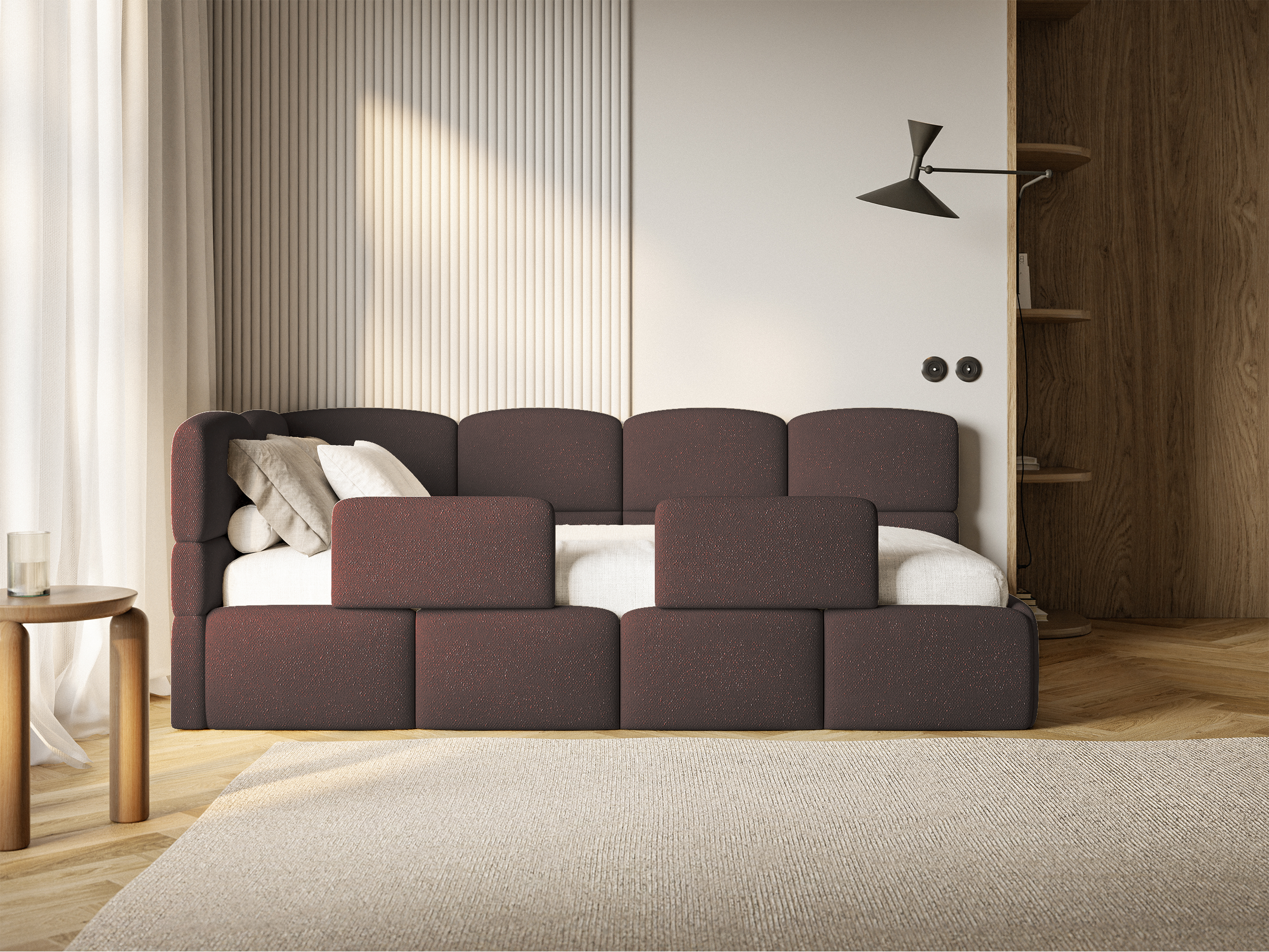 Jugendbett 90x200 cm Cloudy, linke Seite, mit Matratze und Stauraum, braunes Chenille