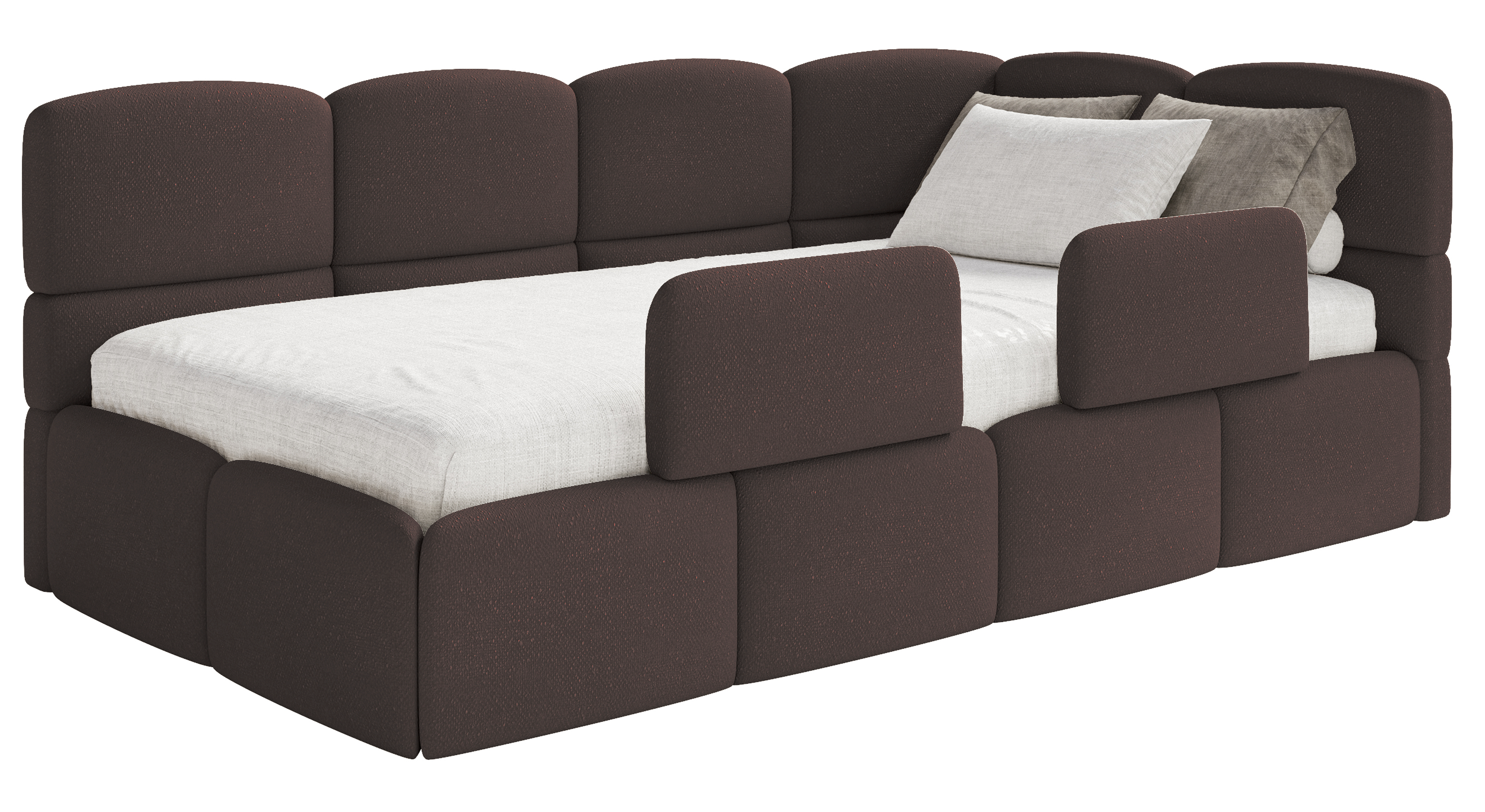 Jugendbett 90x200 cm Cloudy, rechtsseitig mit Stauraum und braunen Chenille-Gittern