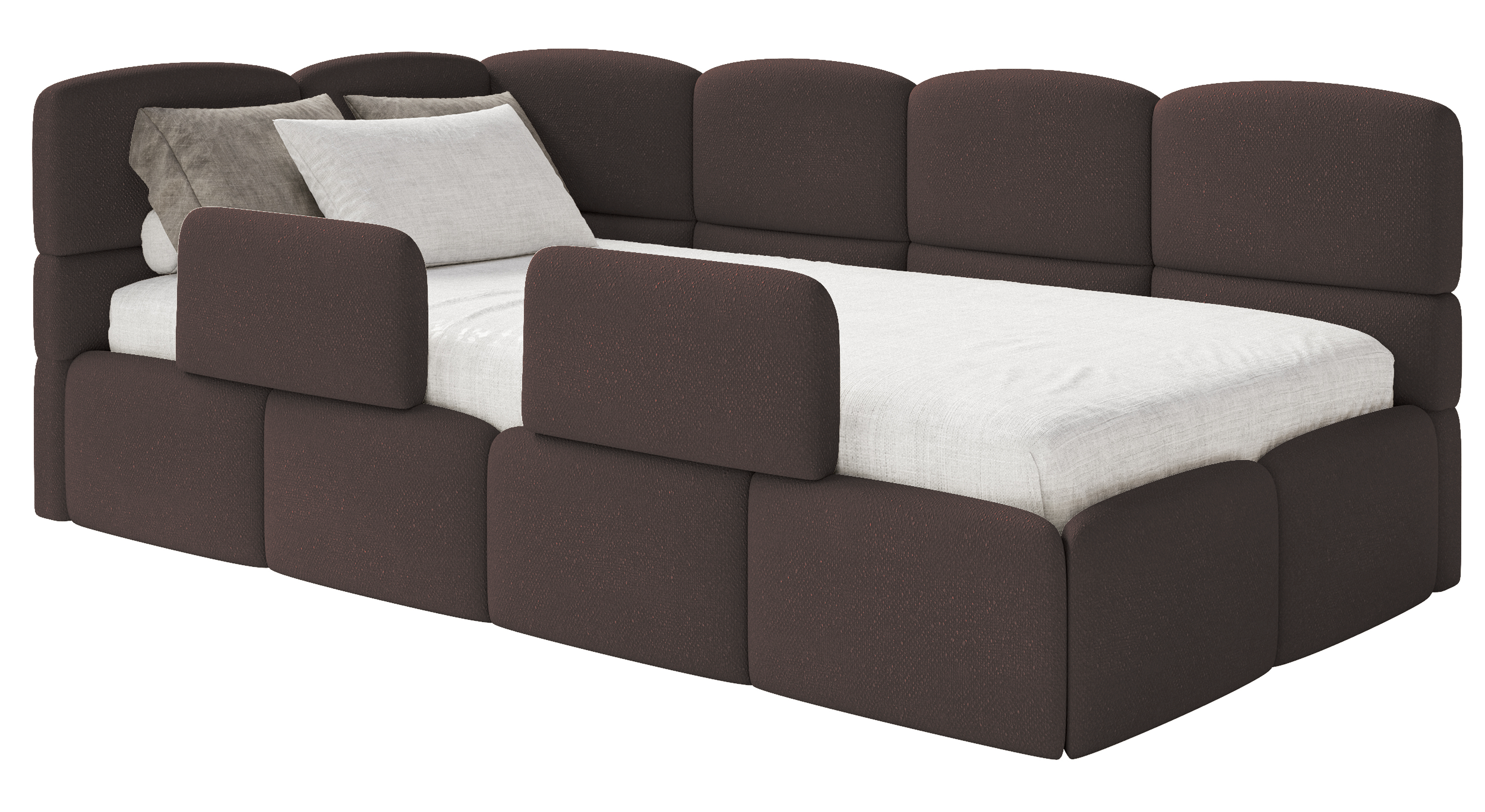 Jugendbett 90x200 cm Cloudy, linksseitig, mit Stauraum und Seitenschutz, brauner Chenille-Bezug