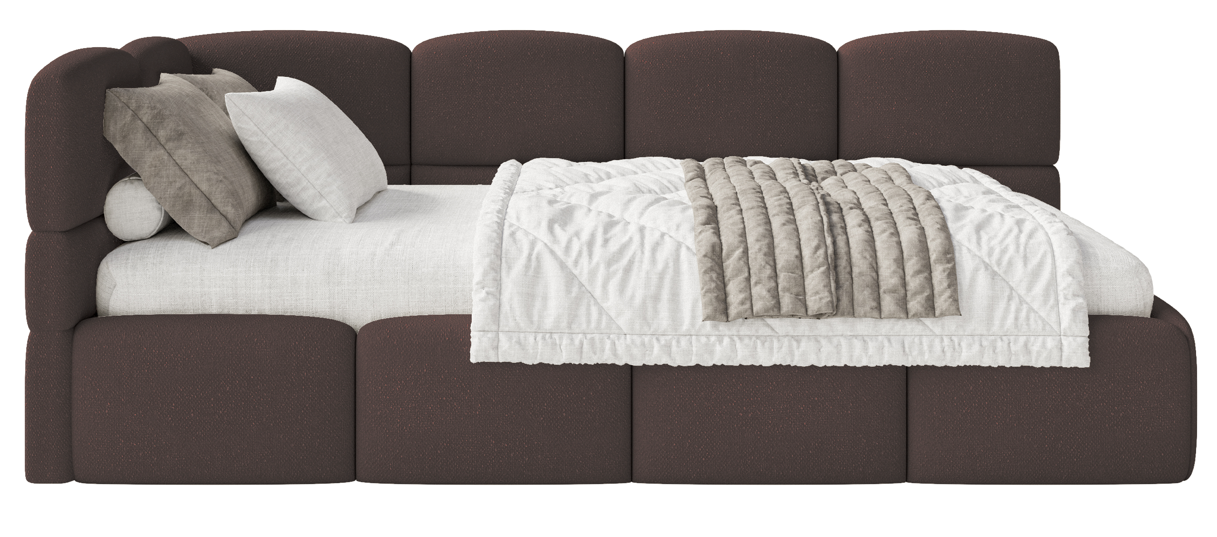 Jugendbett 90x200 cm Cloudy, linke Seite, mit Matratze und Stauraum, braunes Chenille