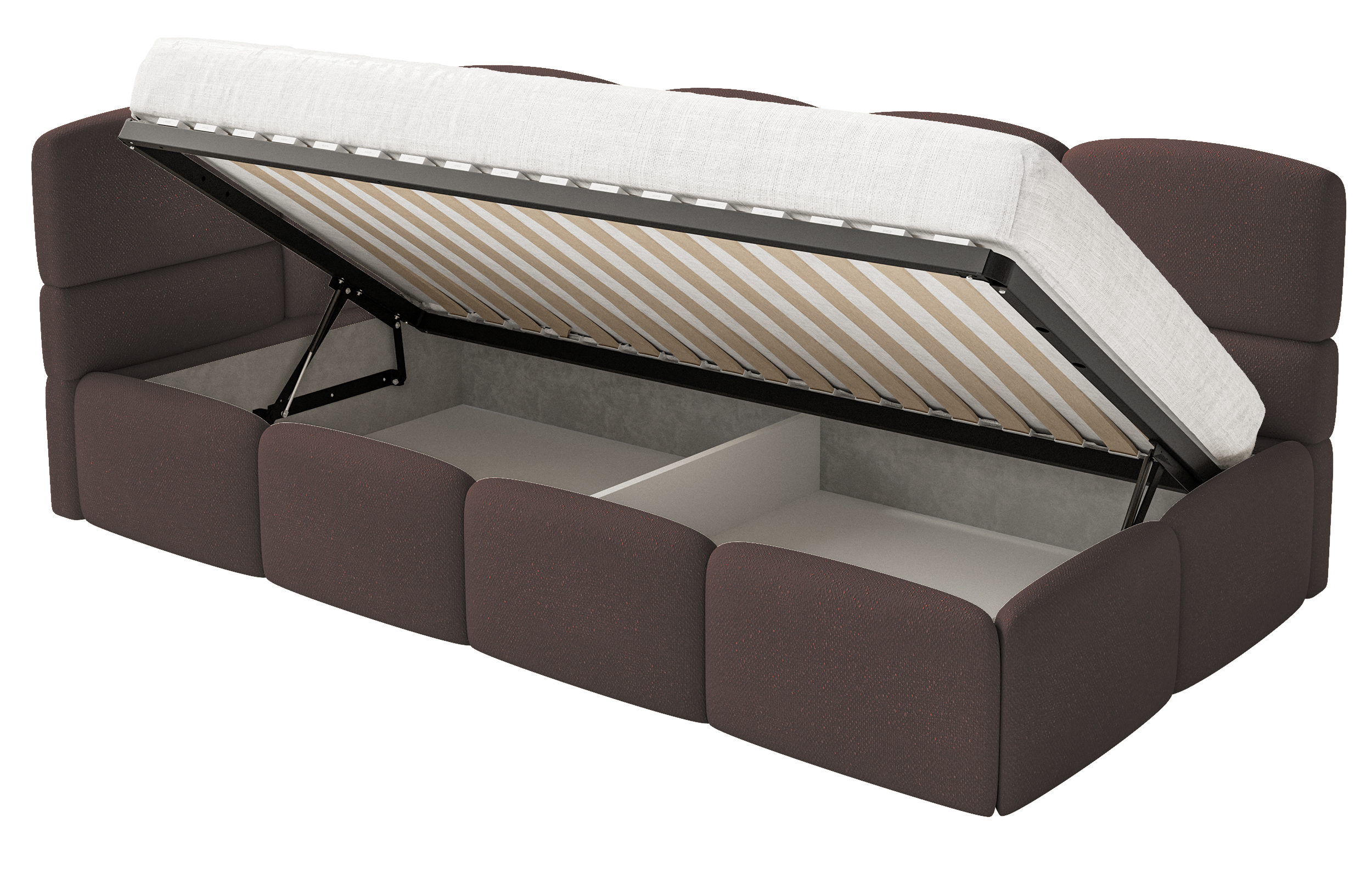 Jugendbett 90x200 cm Cloudy, linke Seite, mit Matratze und Stauraum, braunes Chenille
