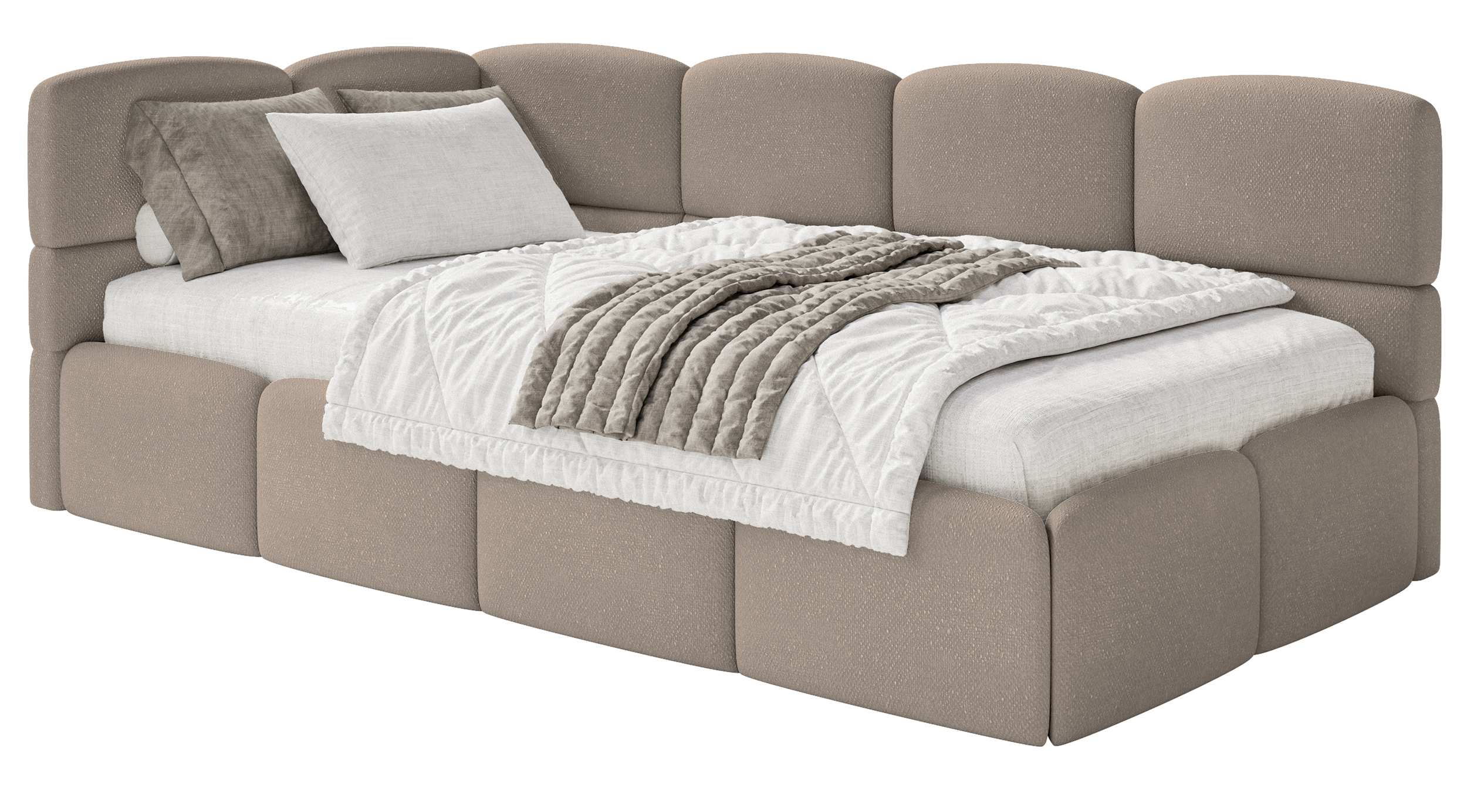 Jugendbett 90x200 cm Cloudy linksseitig mit Stauraum hellbrauner Chenille-Bezug