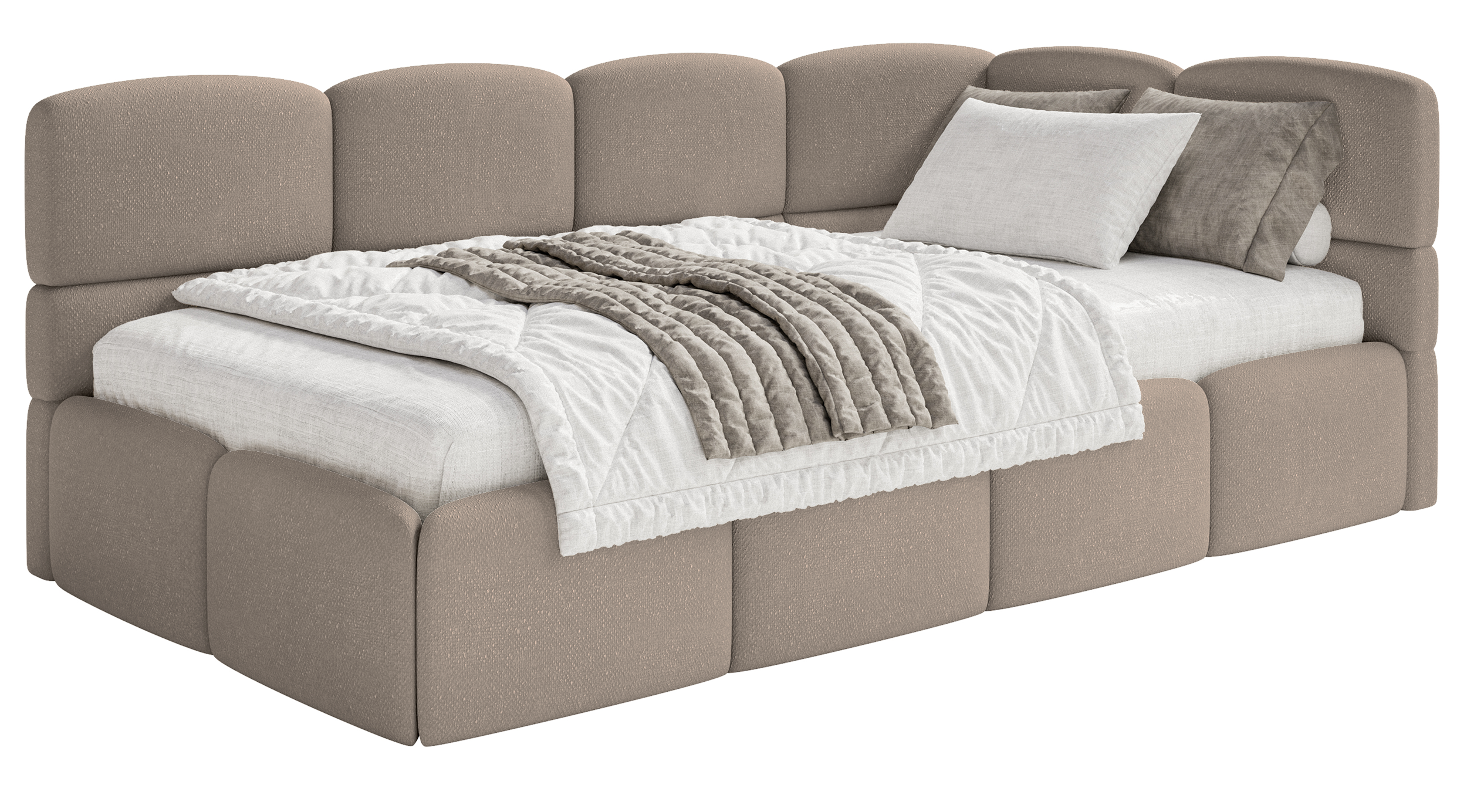 Jugendbett 90x200 cm Cloudy, rechtsseitig mit Stauraum, hellbrauner Chenille-Bezug