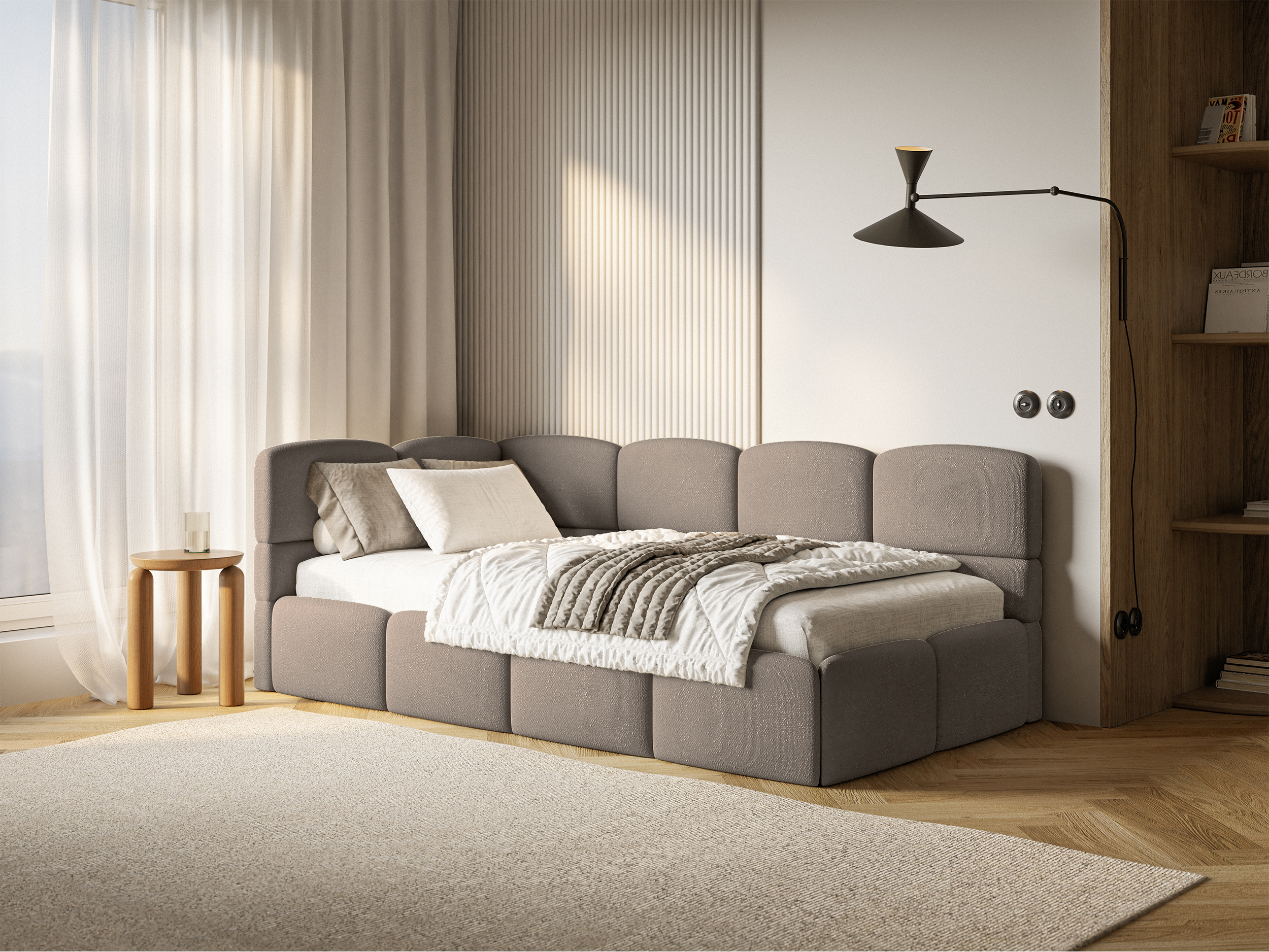 Jugendbett 90x200 cm Cloudy linksseitig mit Stauraum und hellbraunen Chenille-Gittern
