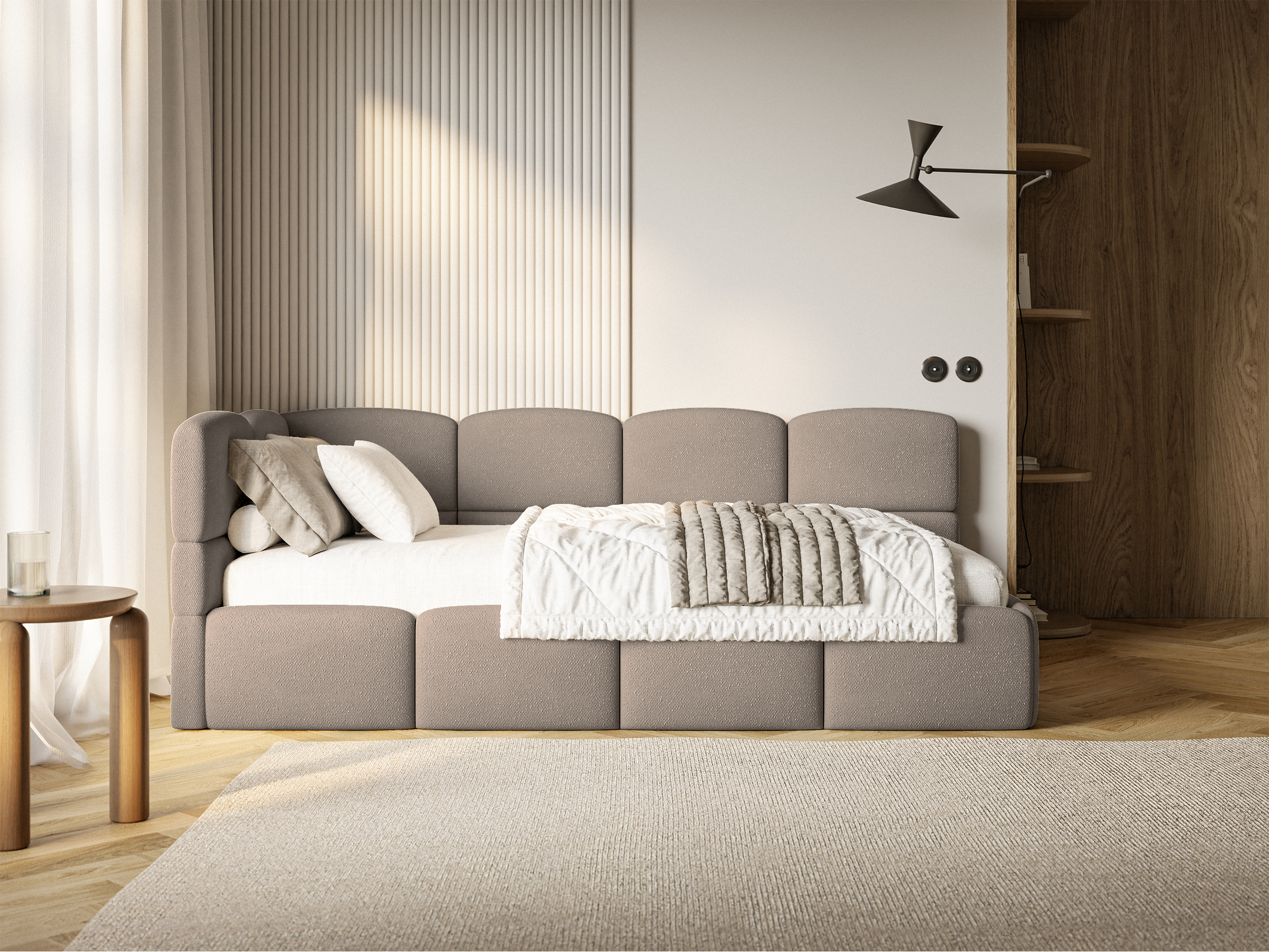 Jugendbett 90x200 cm Cloudy linksseitig mit Stauraum und hellbraunen Chenille-Gittern