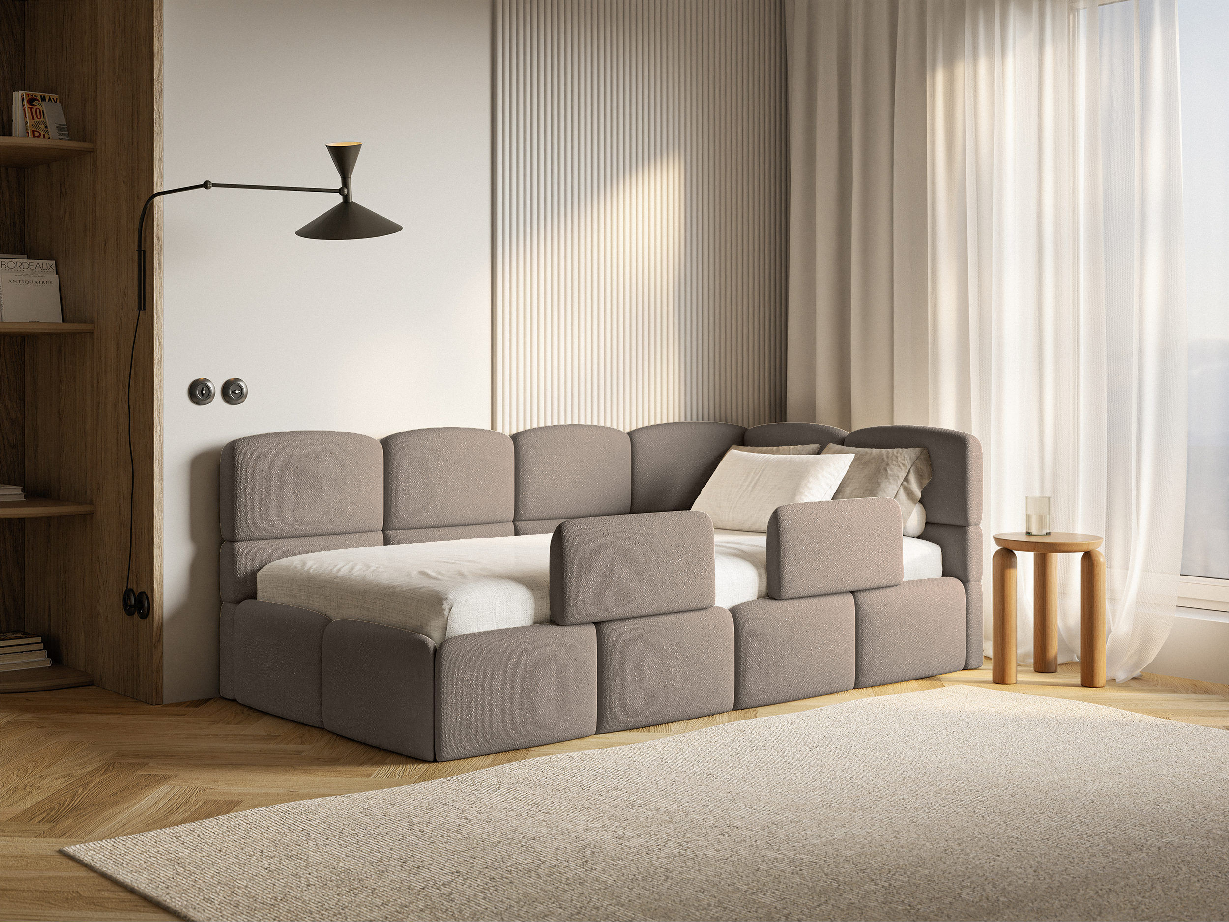 Jugendbett 90x200 cm Cloudy rechtsseitig mit Matratze, Stauraum und hellbraunen Chenille-Gittern